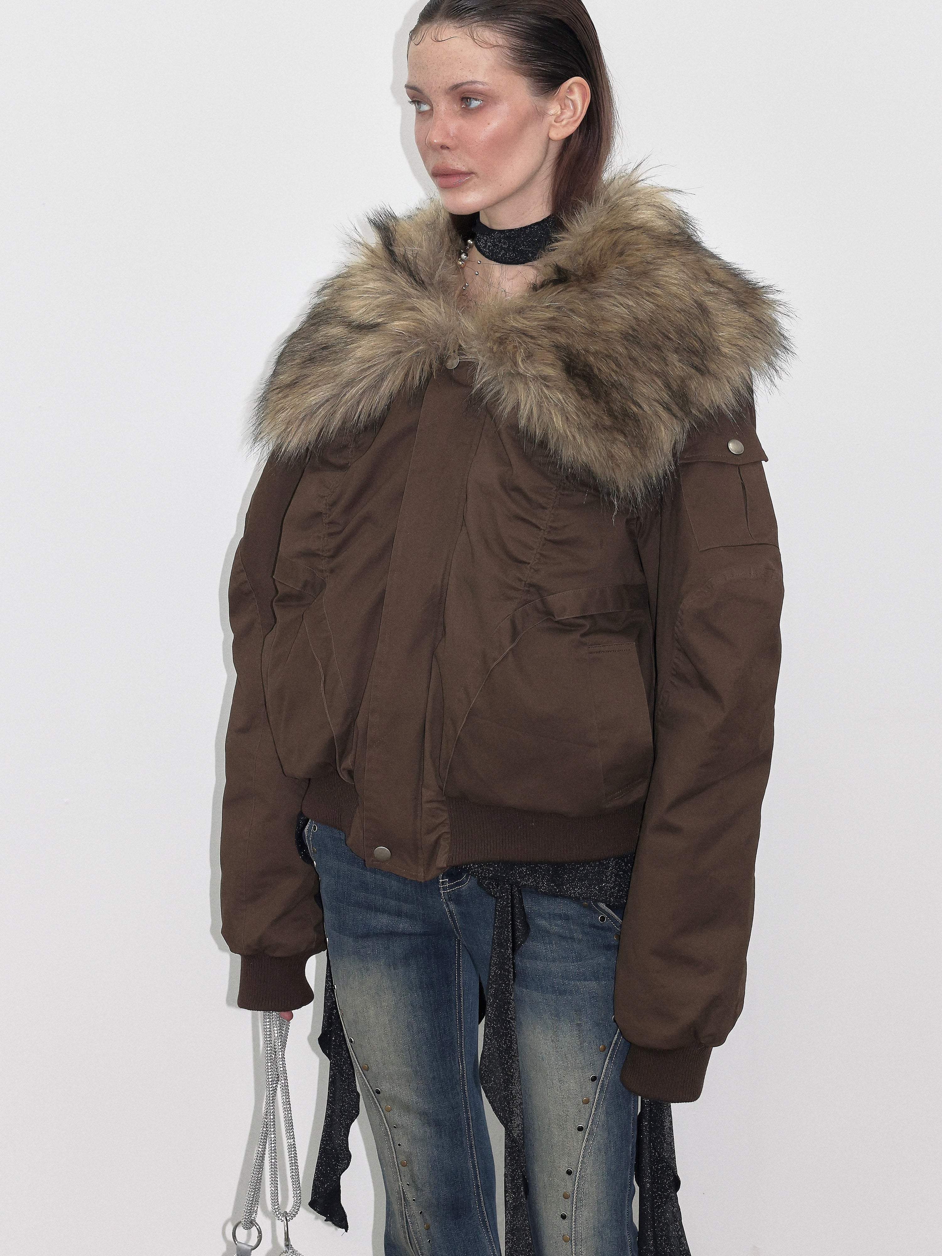 PROD  2023 WINTER Brown Faux Fur Down Jacket