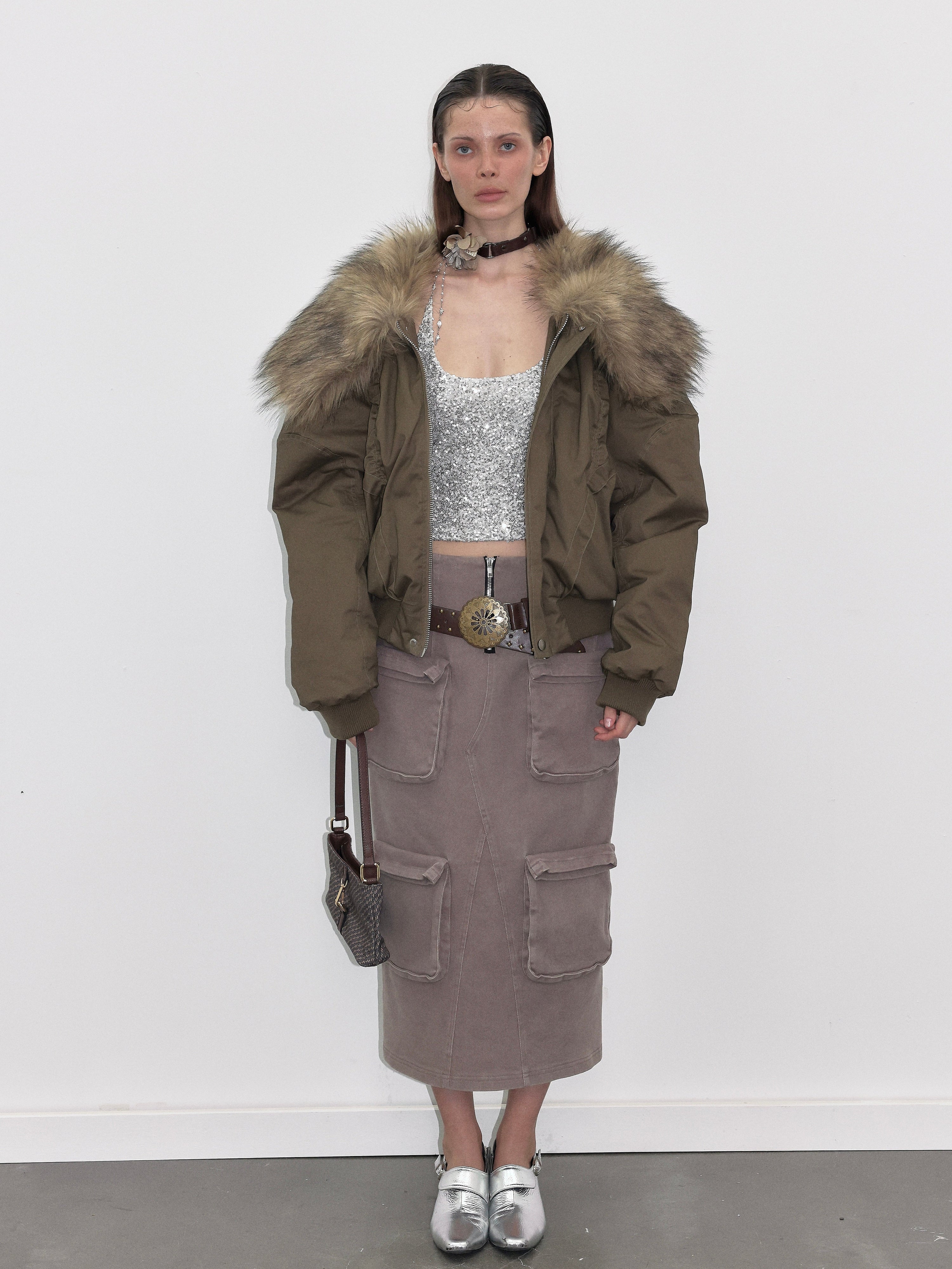 PROD  2023 WINTER Olive Green Faux Fur Down Jacket