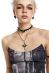 PROD 2024 Pre-spring 2PC(Choker+Necklace) / Black / In-stock Punk Black Faux  Leather Rivet Necklace