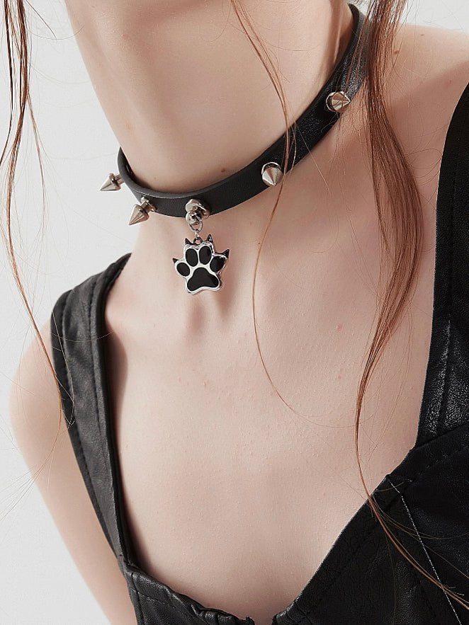 PROD 2024 Pre-spring One Size / Black / In-stock Punk Paw Faux Leather Choker
