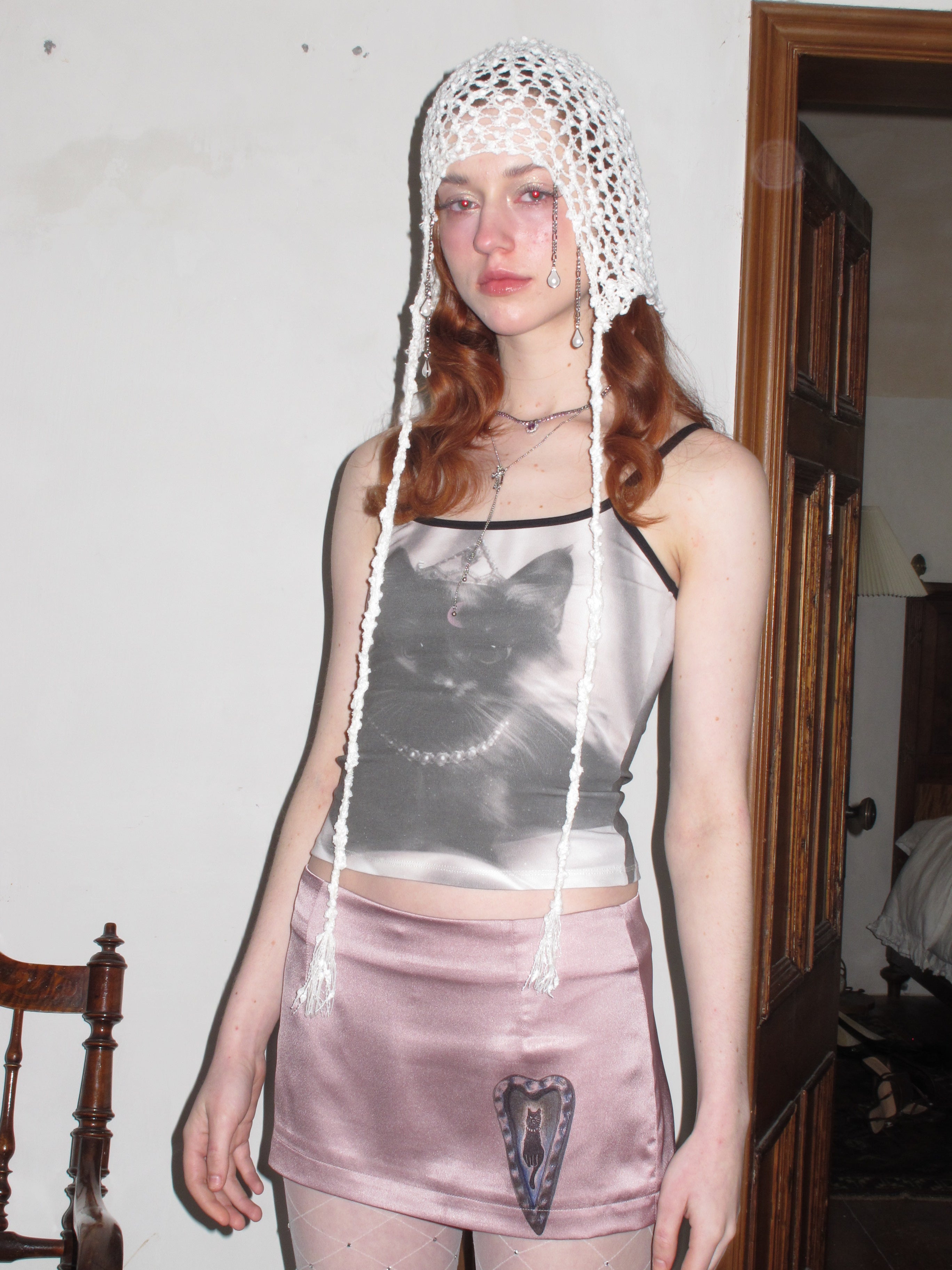 PROD 2024 Pre-spring Satin Kitty Pattern Mini Skirt