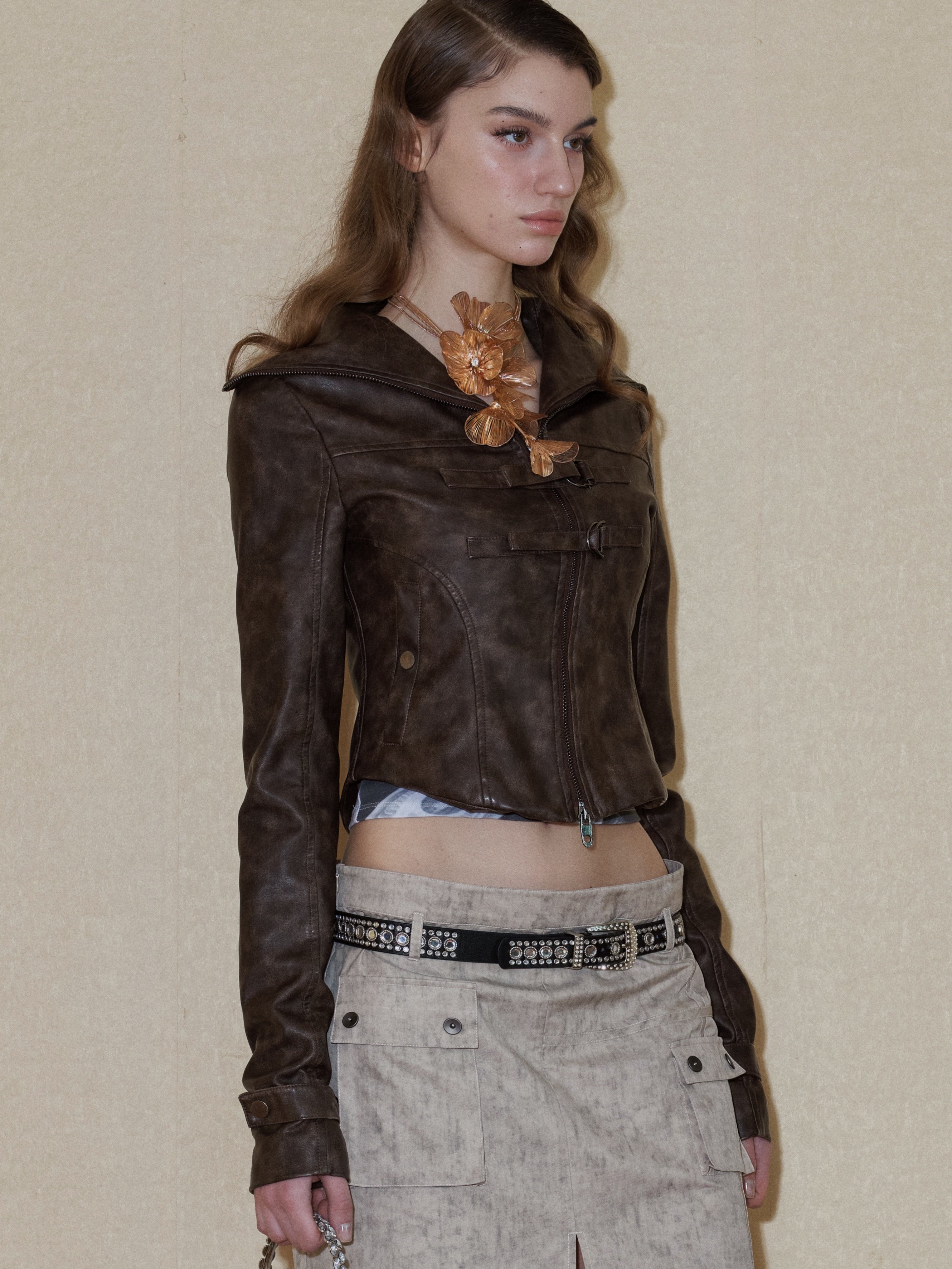 PROD 2024 Pre-spring XS / Coffee / Pre-order20%off（5-8days） Buckle Faux Leather Jacket