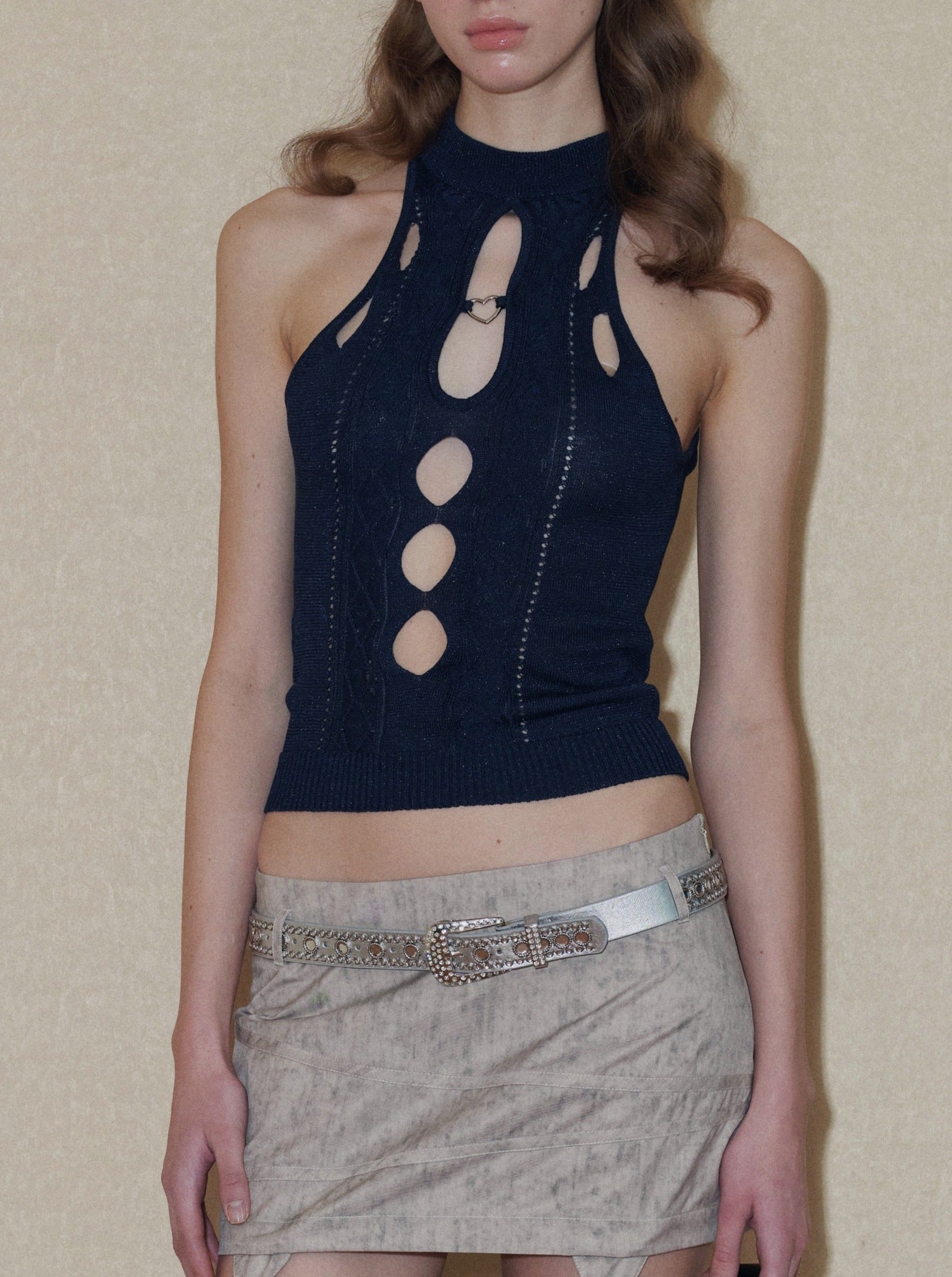 PROD 2024 Pre-spring XS / Navy blue / In-stock Hollow Out Shoulder-Baring Tank Top