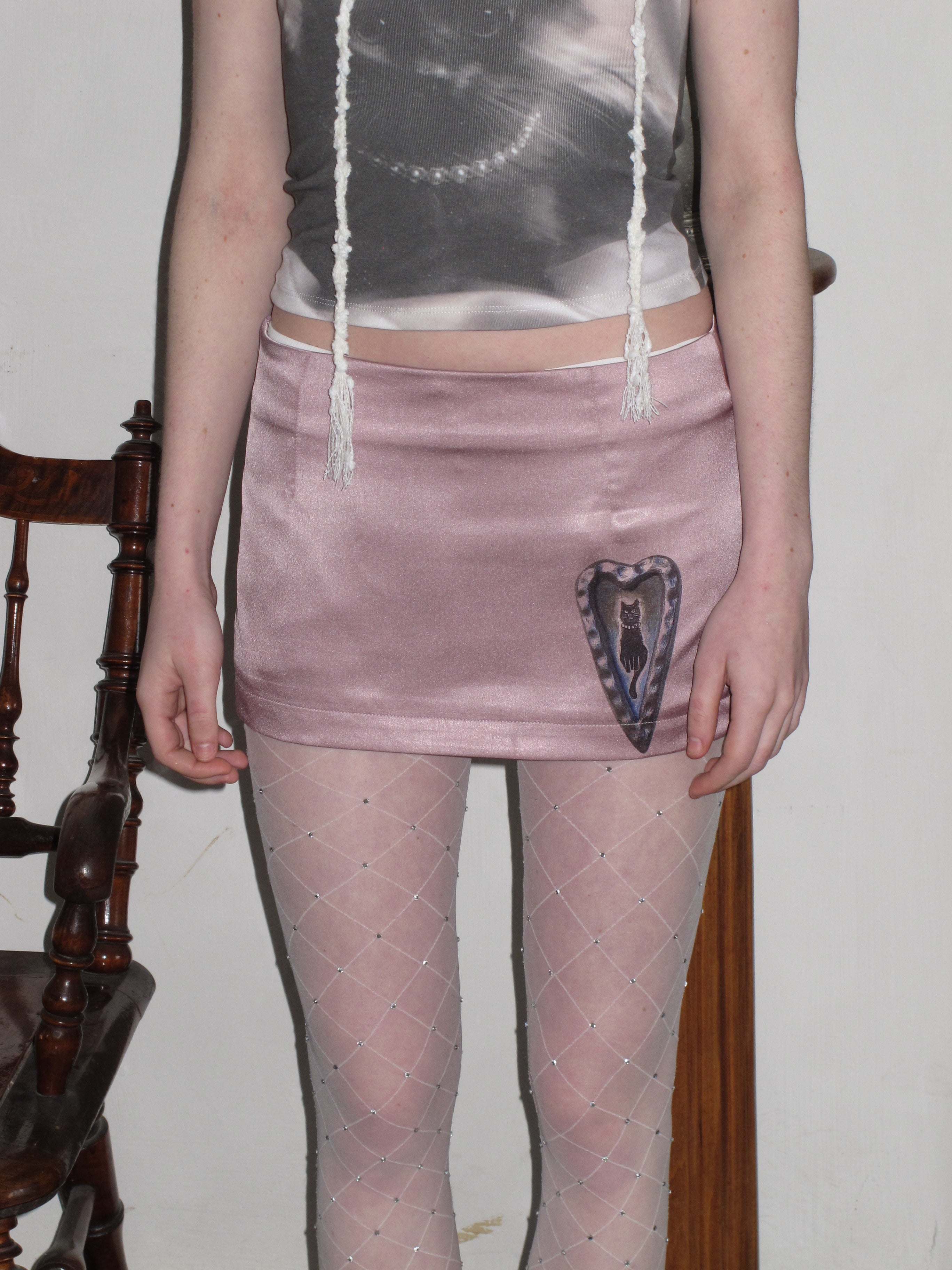 PROD 2024 Pre-spring XS / Pink / In-stock Satin Kitty Pattern Mini Skirt