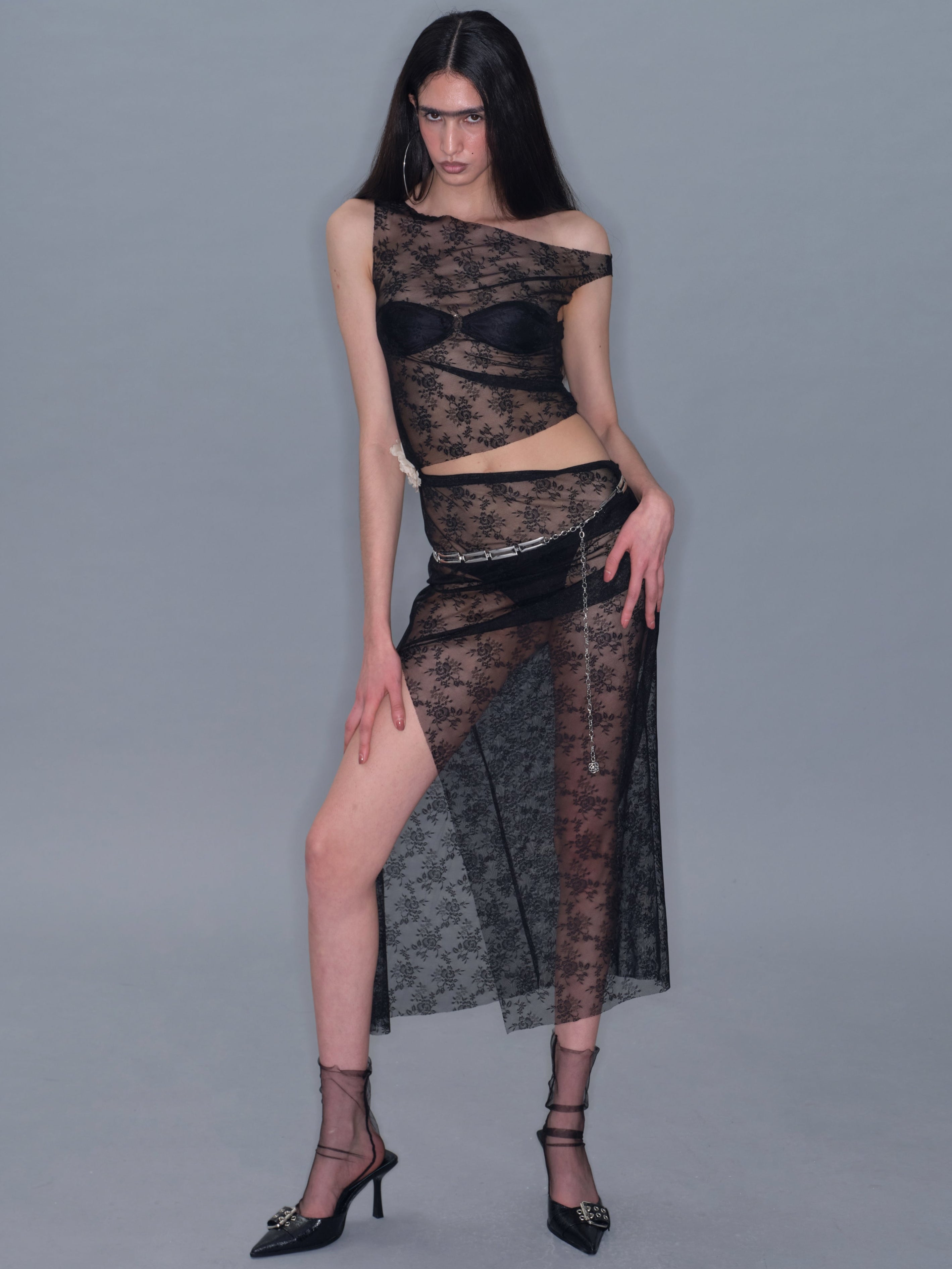 Mesh Side Slit Lace Dress/ Black PROD Mesh Side Slit Lace Dress/ Black PROD