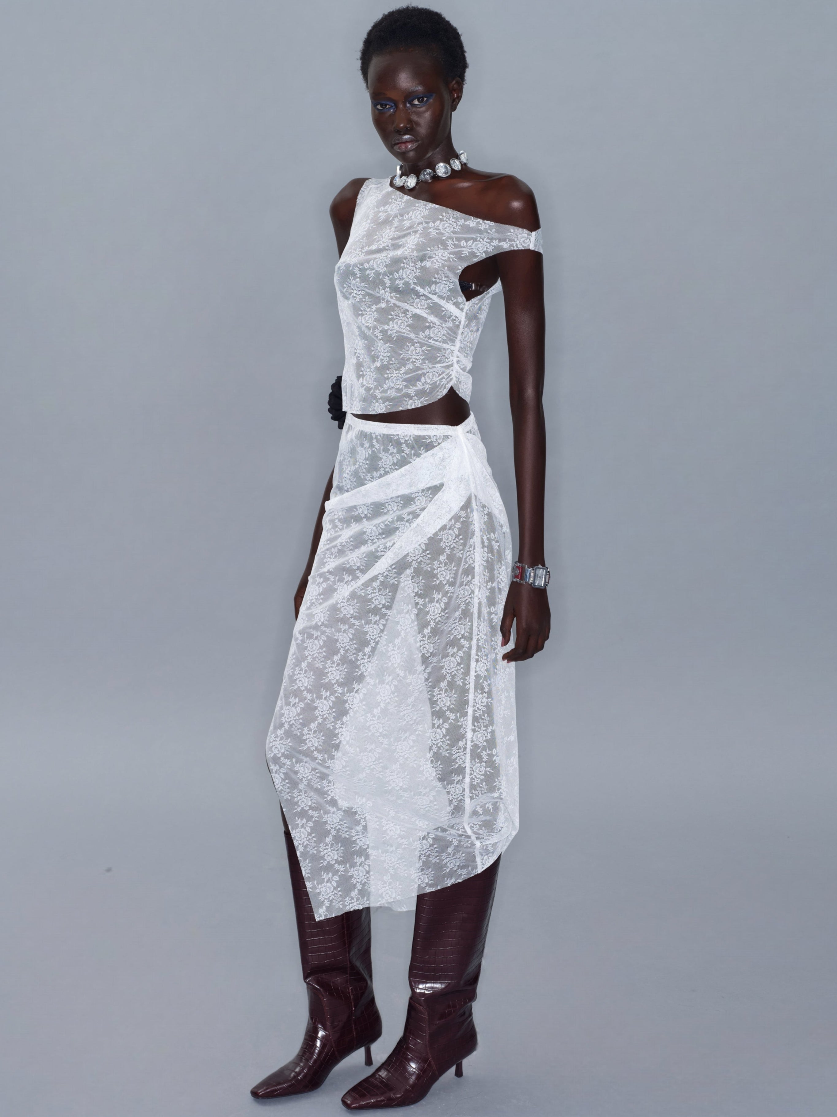 mesh side dress Mesh Side Slit Lace Dress/ White, White / XS / In-stock