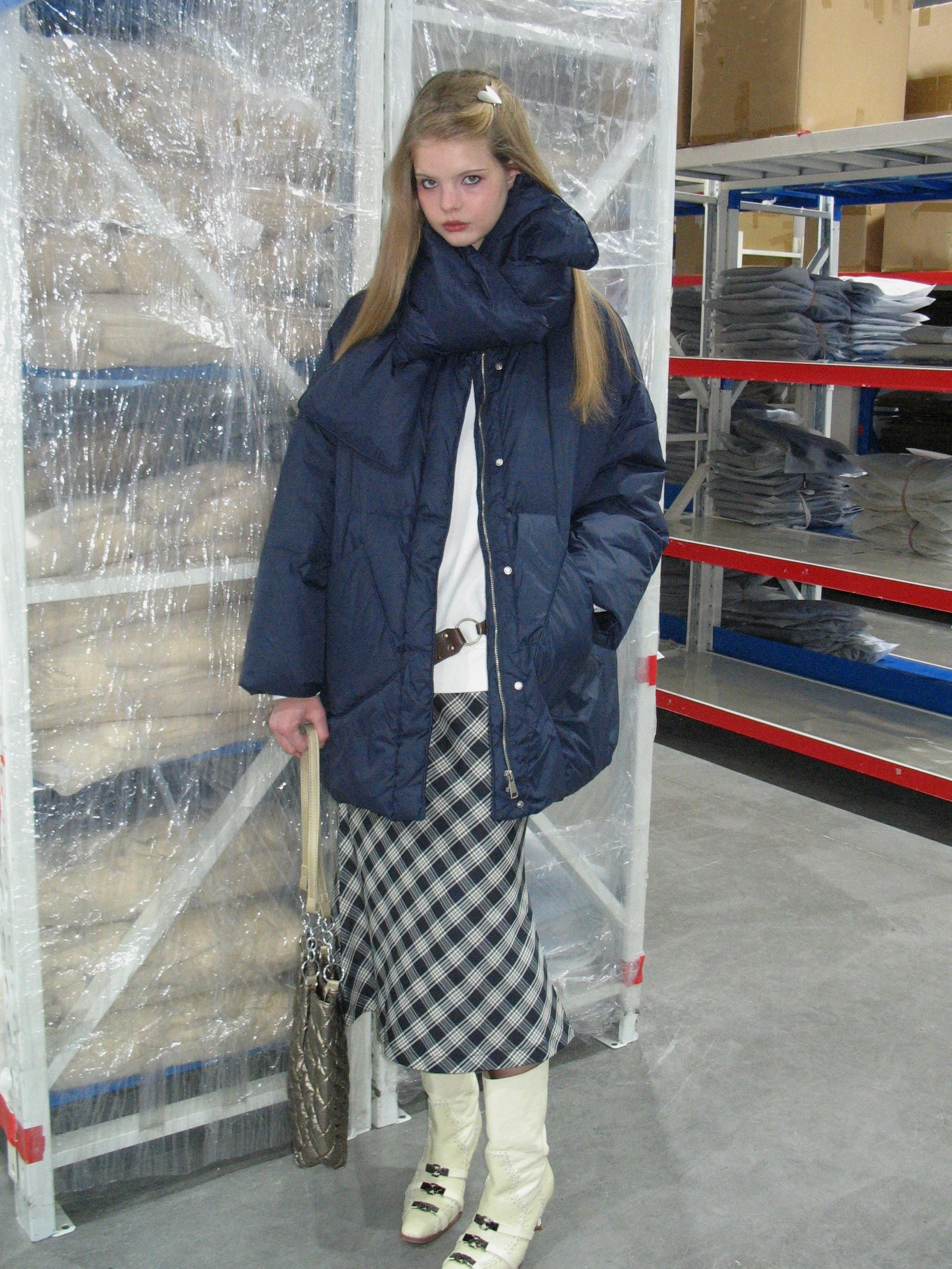  In-stock Navy Blue Down Jacket with Scarf