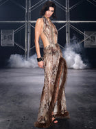 Leo Faux Fur Trim Halter Neck Maxi Dress