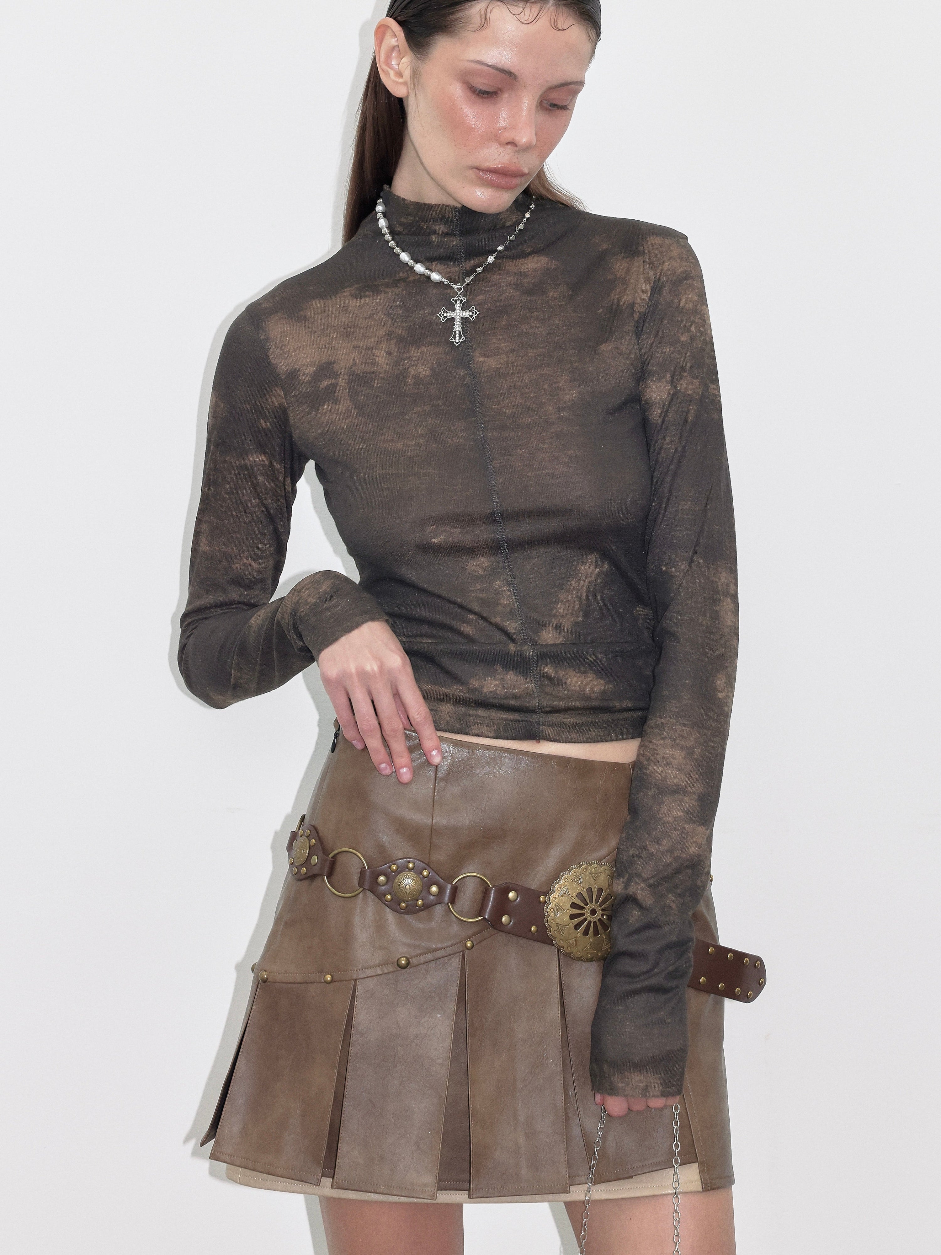 PROD  Studded Pleated Leather Skirt With Belt