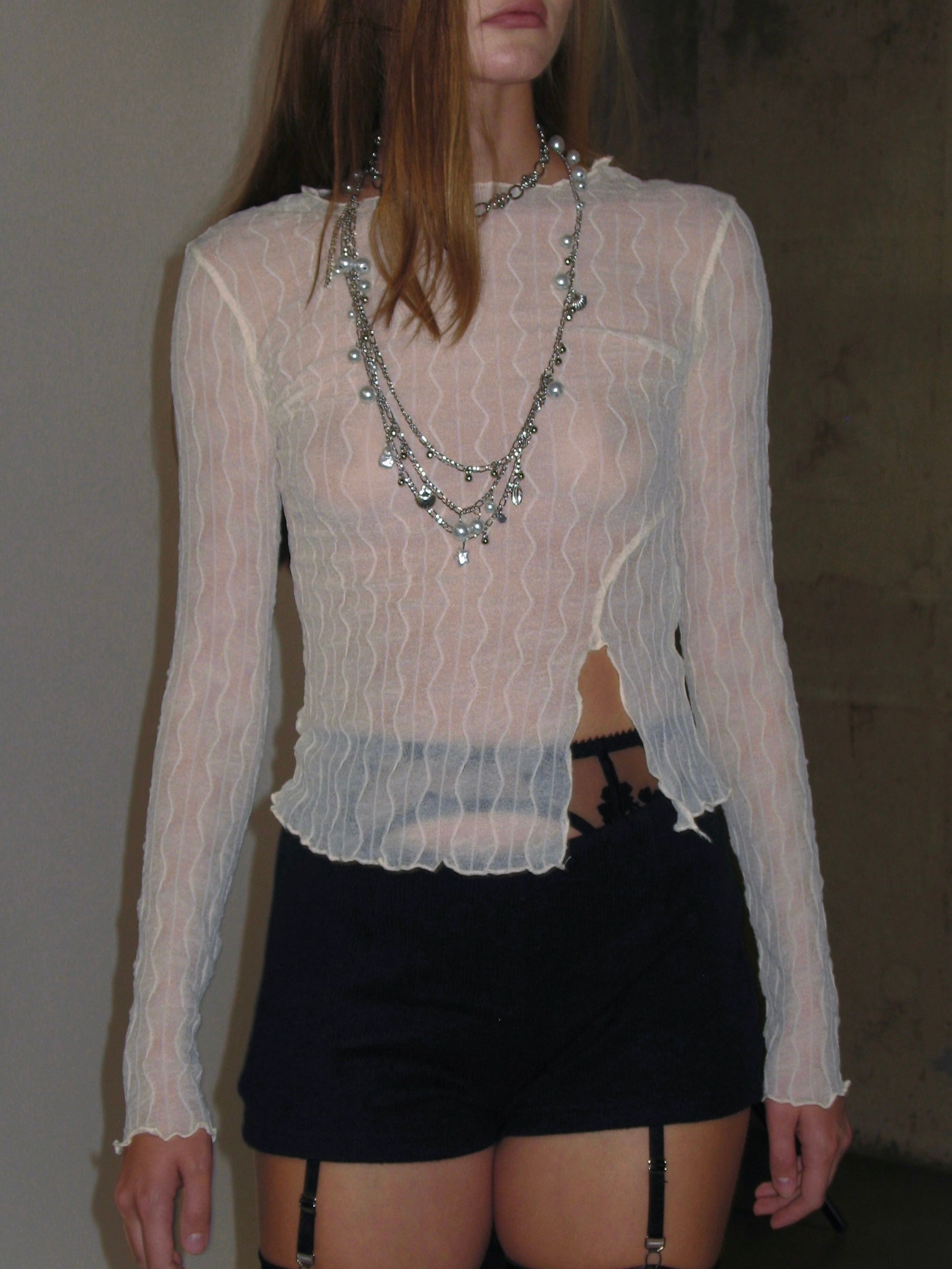 French Jewel Neck Mesh Long Sleeve/ Apricot