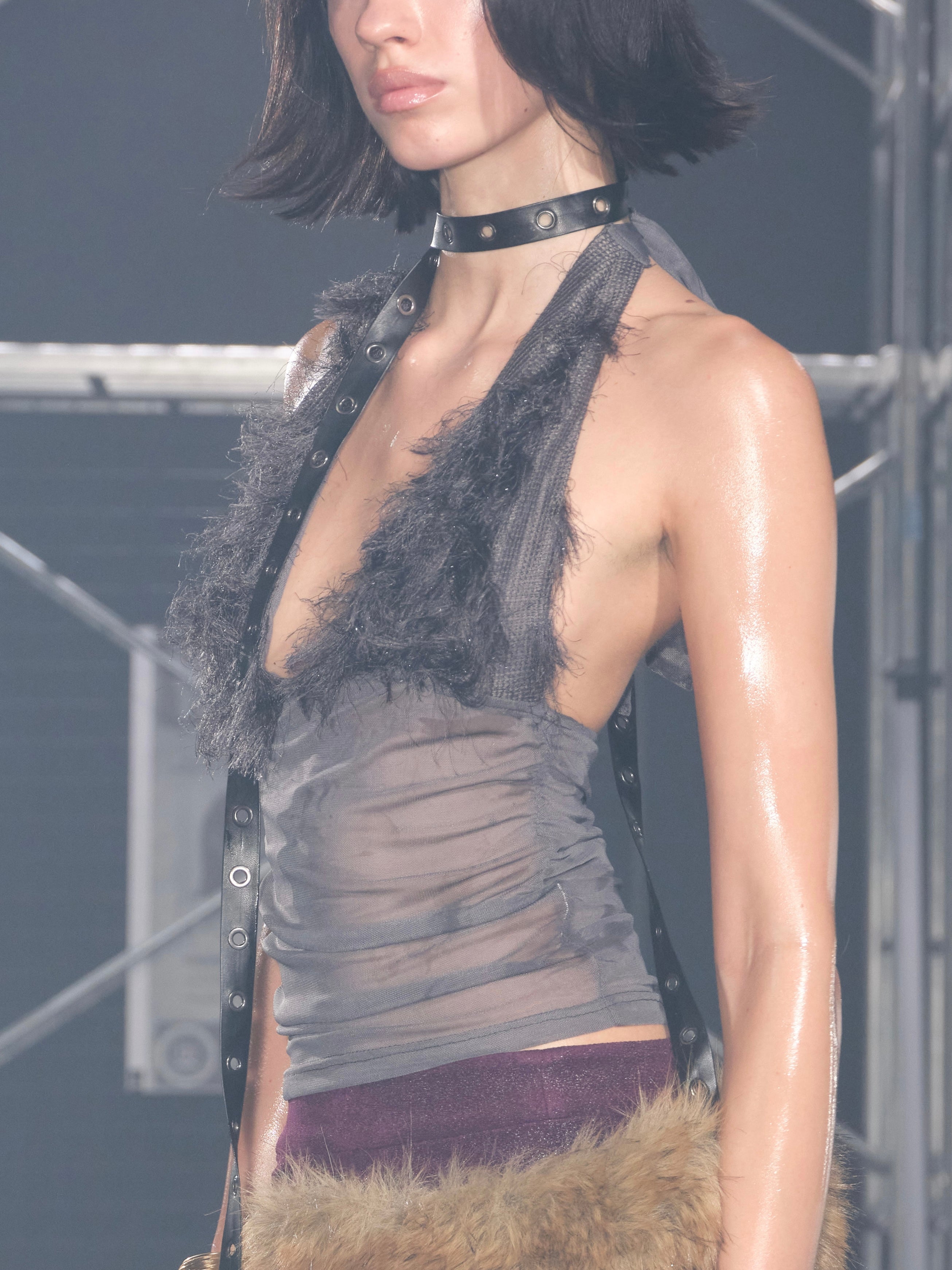 Ophelia Faux Fur Halter Top Gray