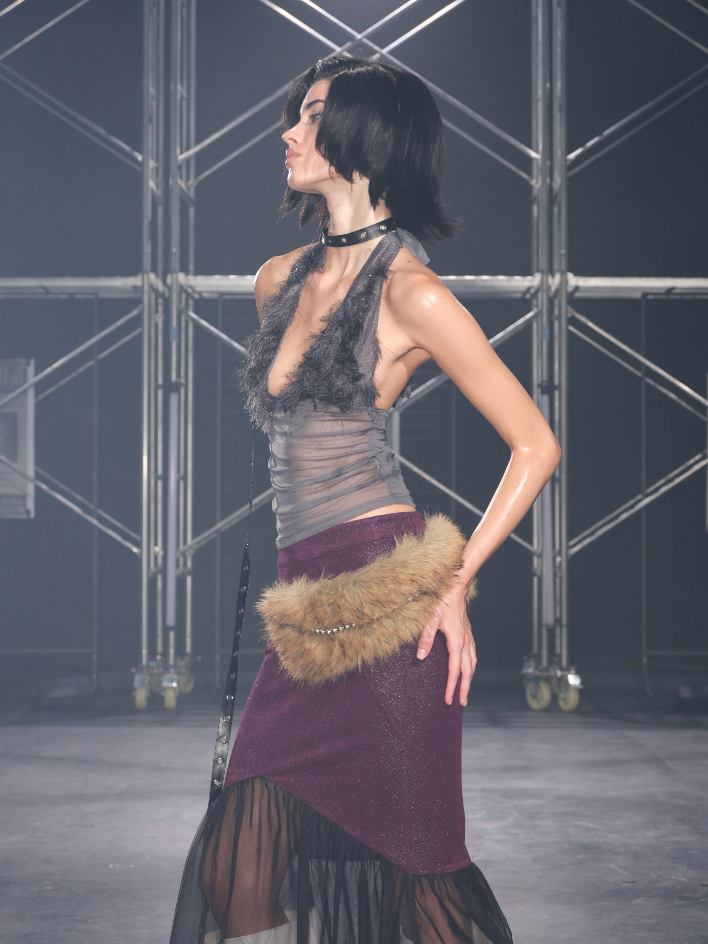 Ophelia Faux Fur Halter Top Gray