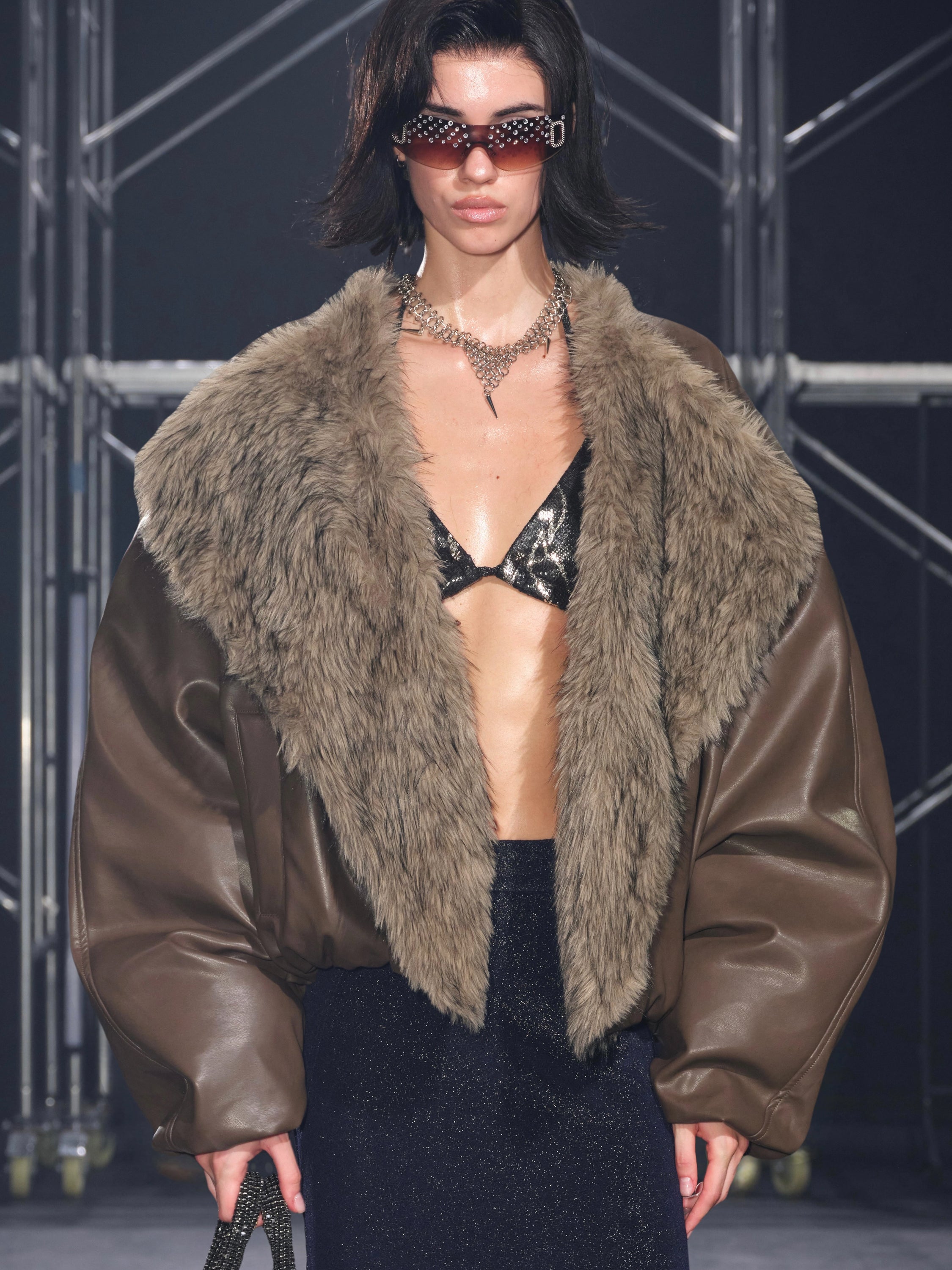 Glacier Faux Fur Trim Puffer Jacket Brown