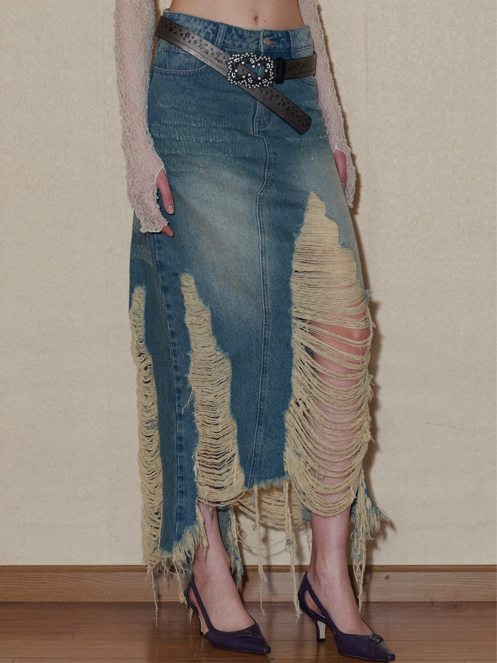 Ripped Denim Midi Skirt