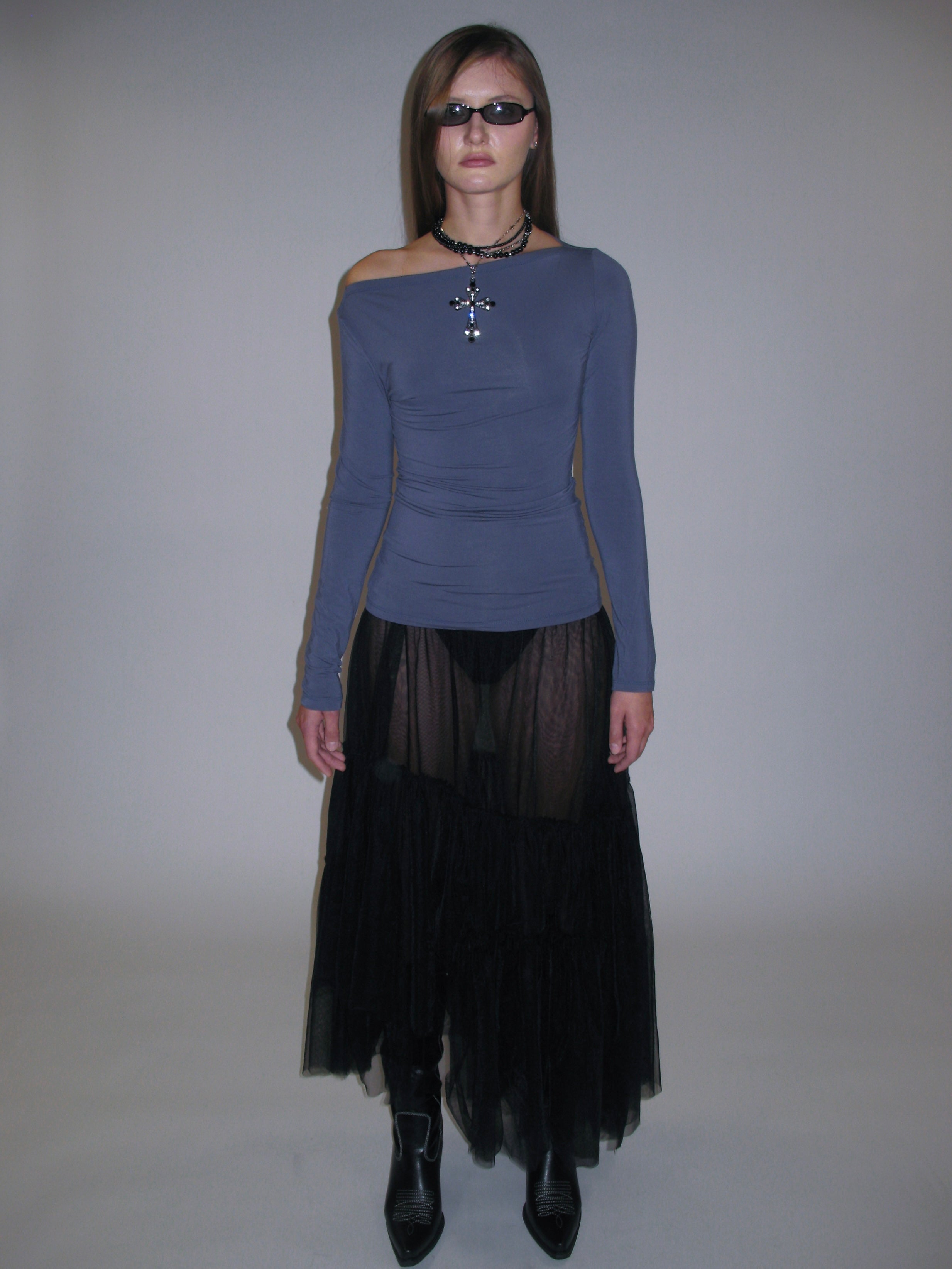 Sheer Pleated Tulle Midi Skirt