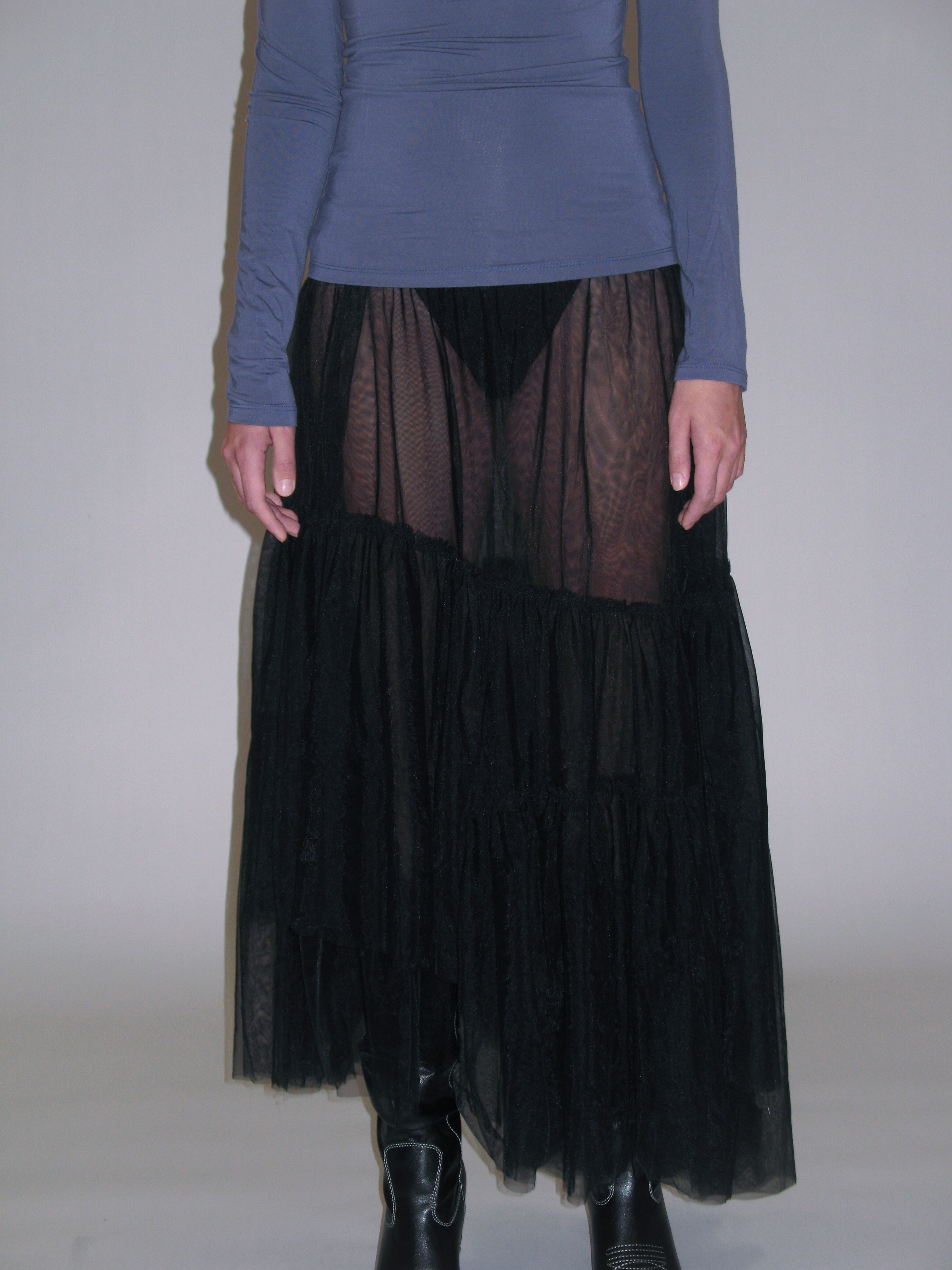 Sheer Pleated Tulle Midi Skirt