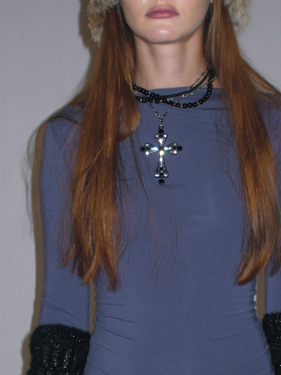 Multilayered Black Cross Pearl Long Necklace