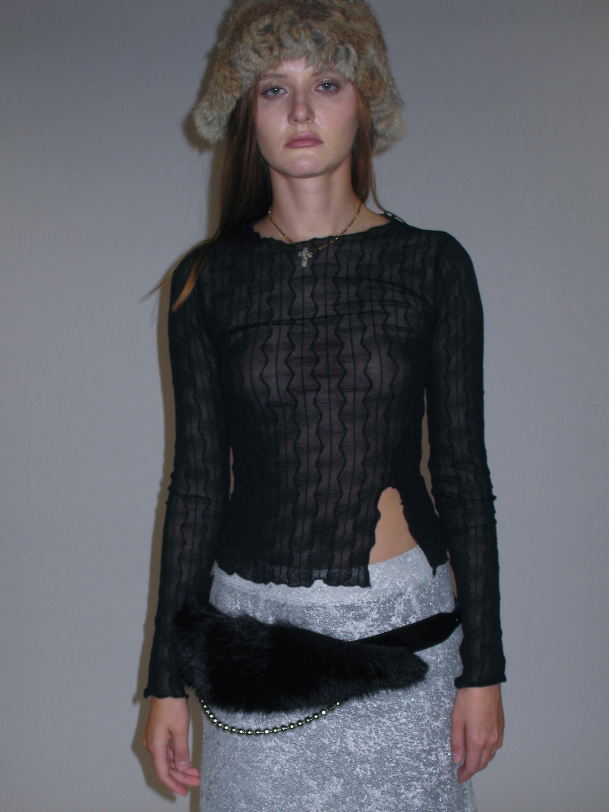 French Jewel Neck Mesh Long Sleeve/ Black