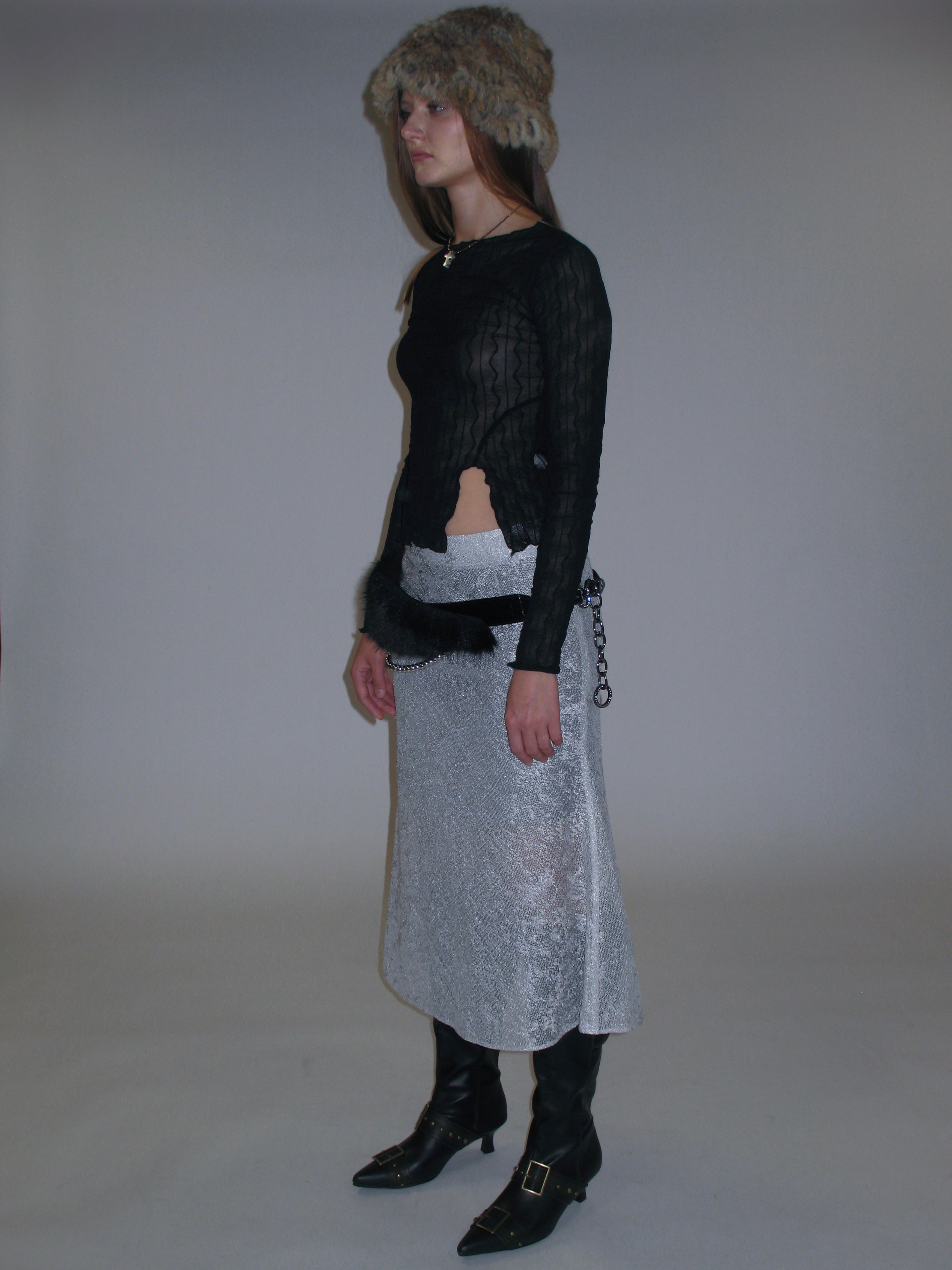 French Jewel Neck Mesh Long Sleeve/ Black