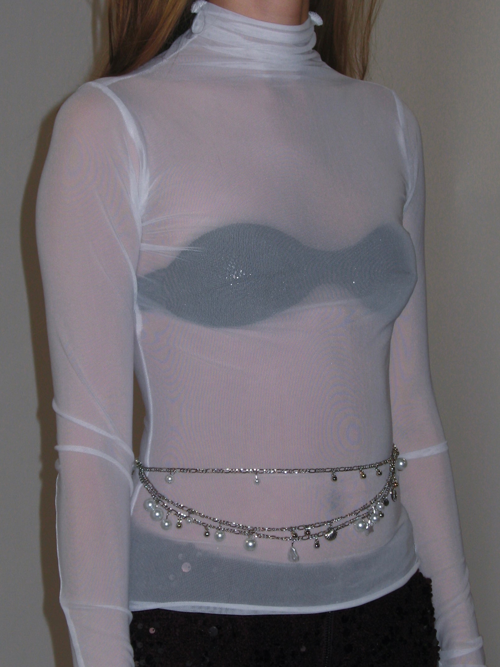 High Neck Mesh Wrap Top/ White