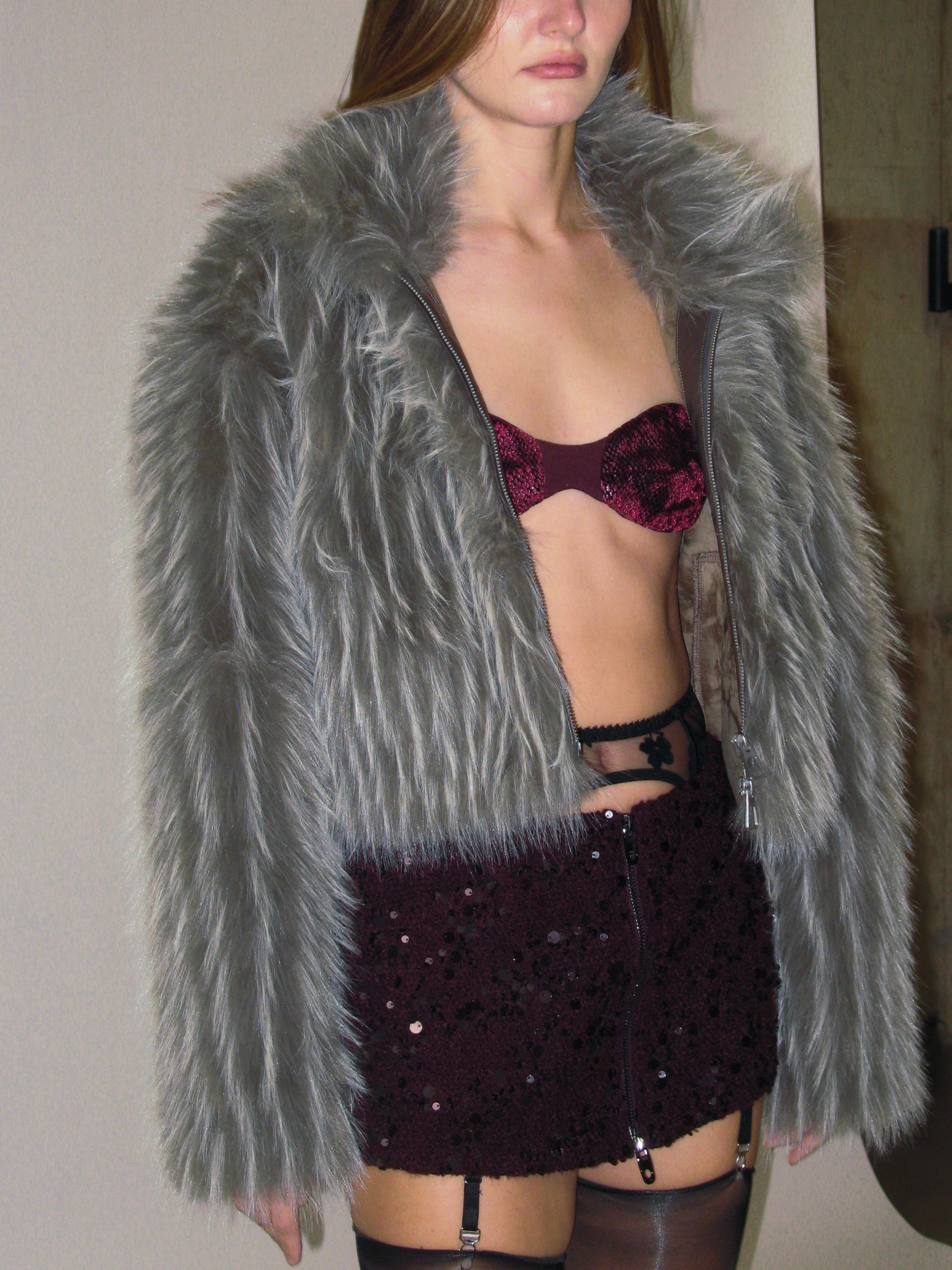 Gray Plush Faux Fur Coat