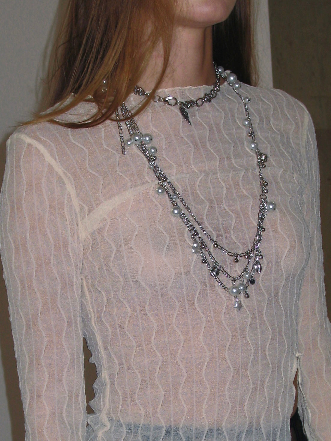 French Jewel Neck Mesh Long Sleeve/ Apricot