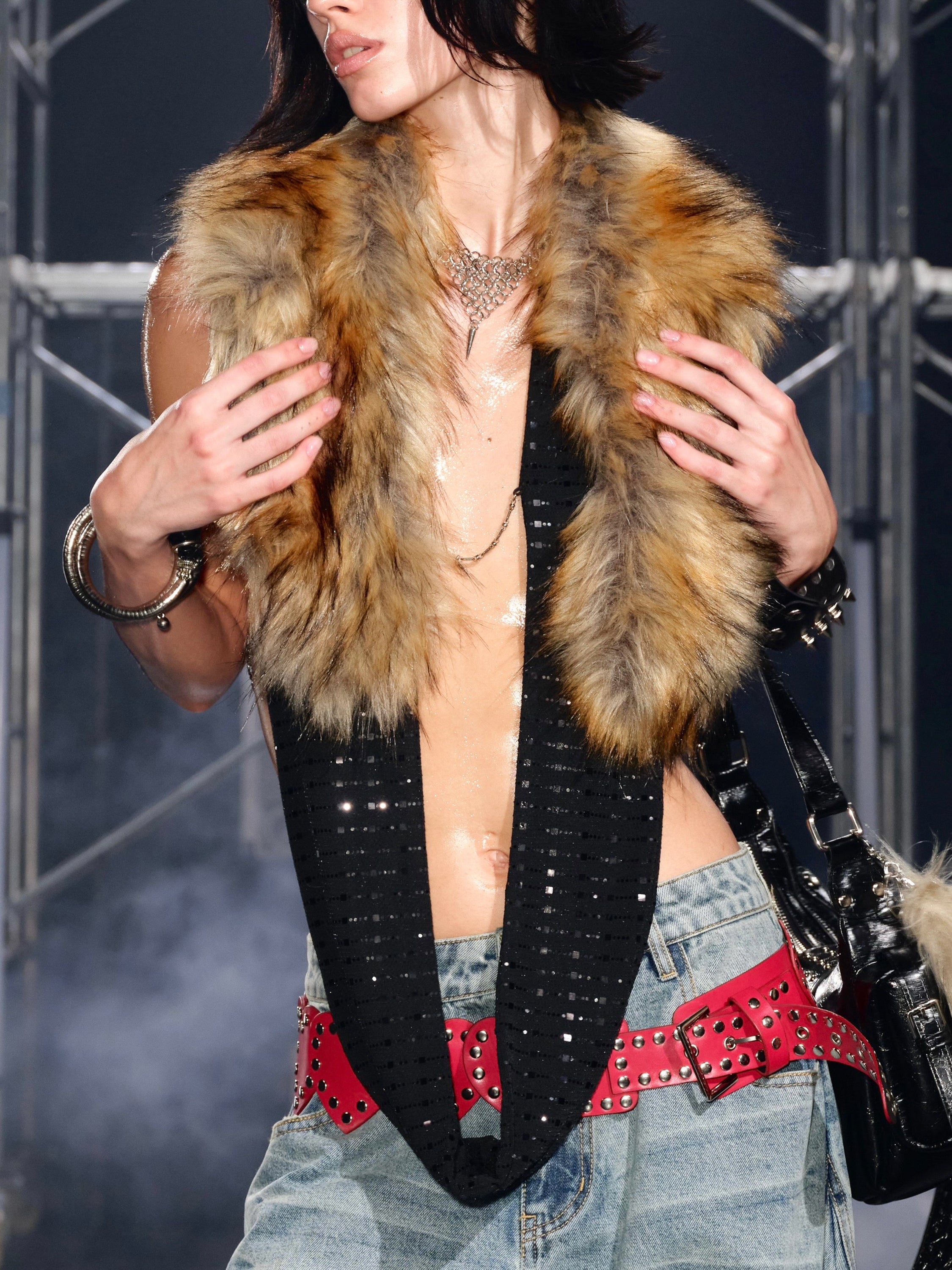 Hotline Halter Top with Detachable Faux Fur Collar
