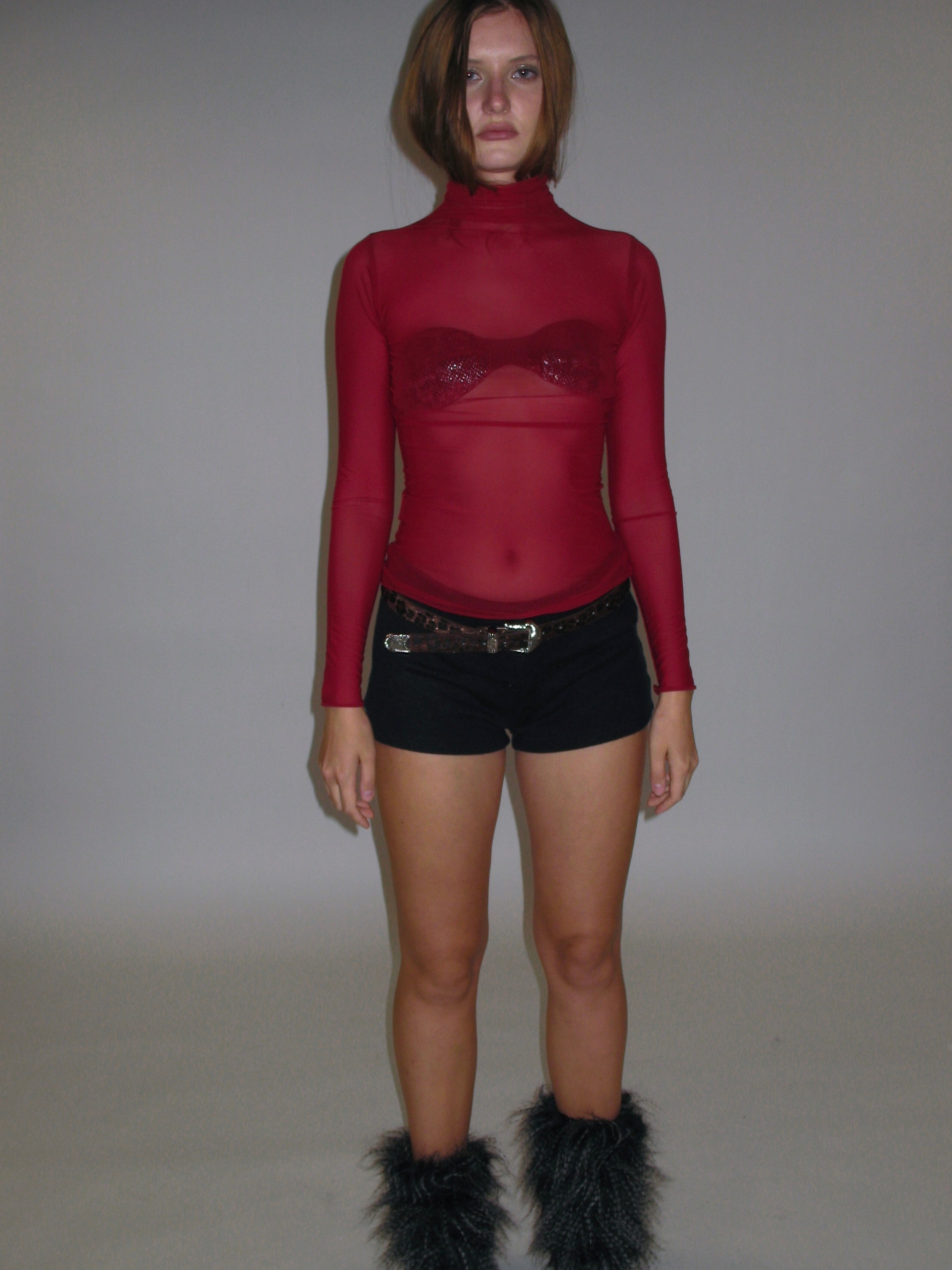 High Neck Mesh Wrap Top/ Red