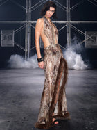 Leo Faux Fur Trim Halter Neck Maxi Dress