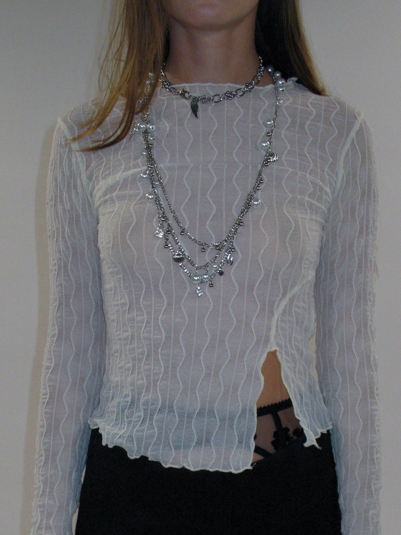 French Jewel Neck Mesh Long Sleeve/ Apricot