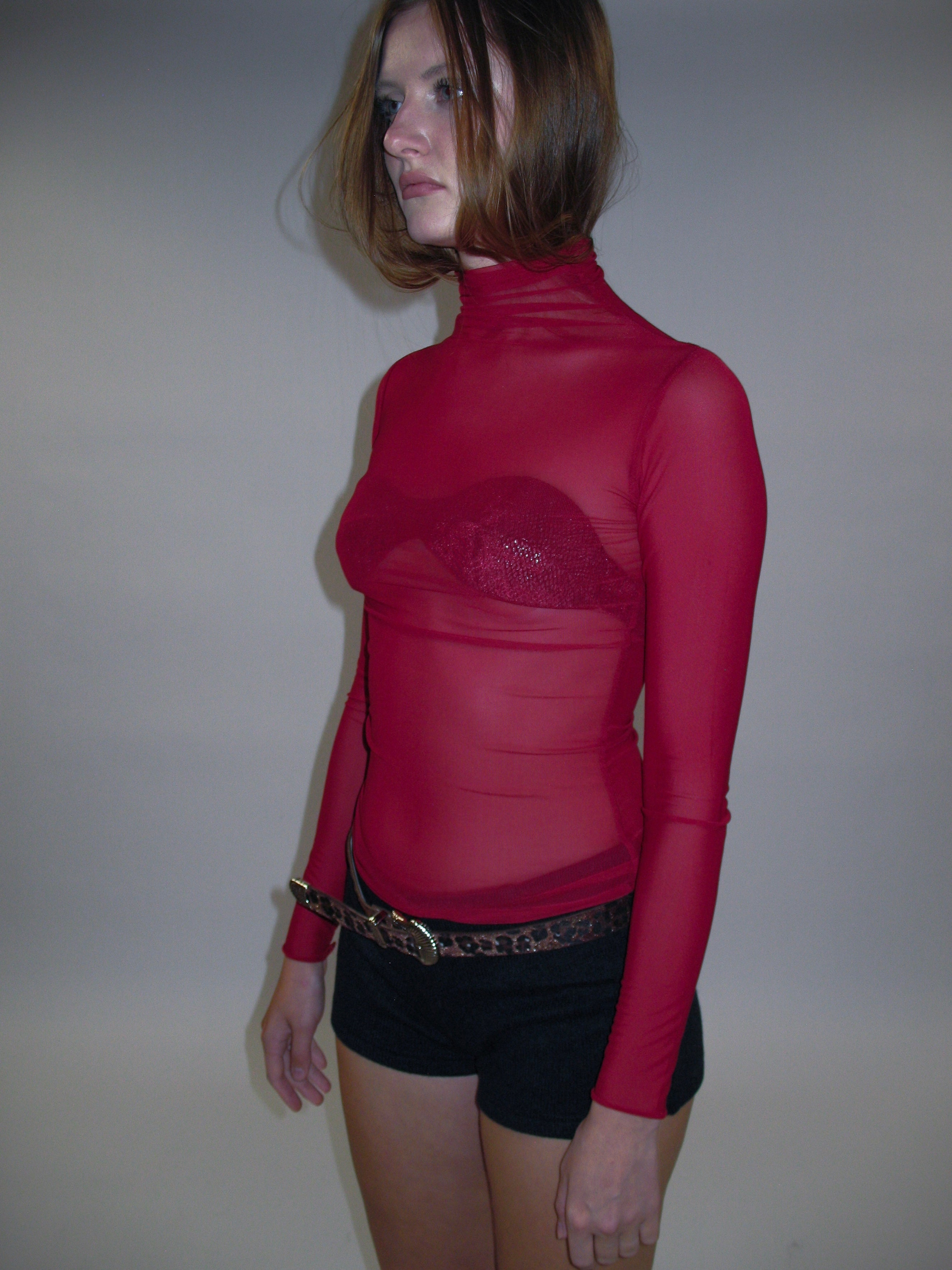 High Neck Mesh Wrap Top/ Red