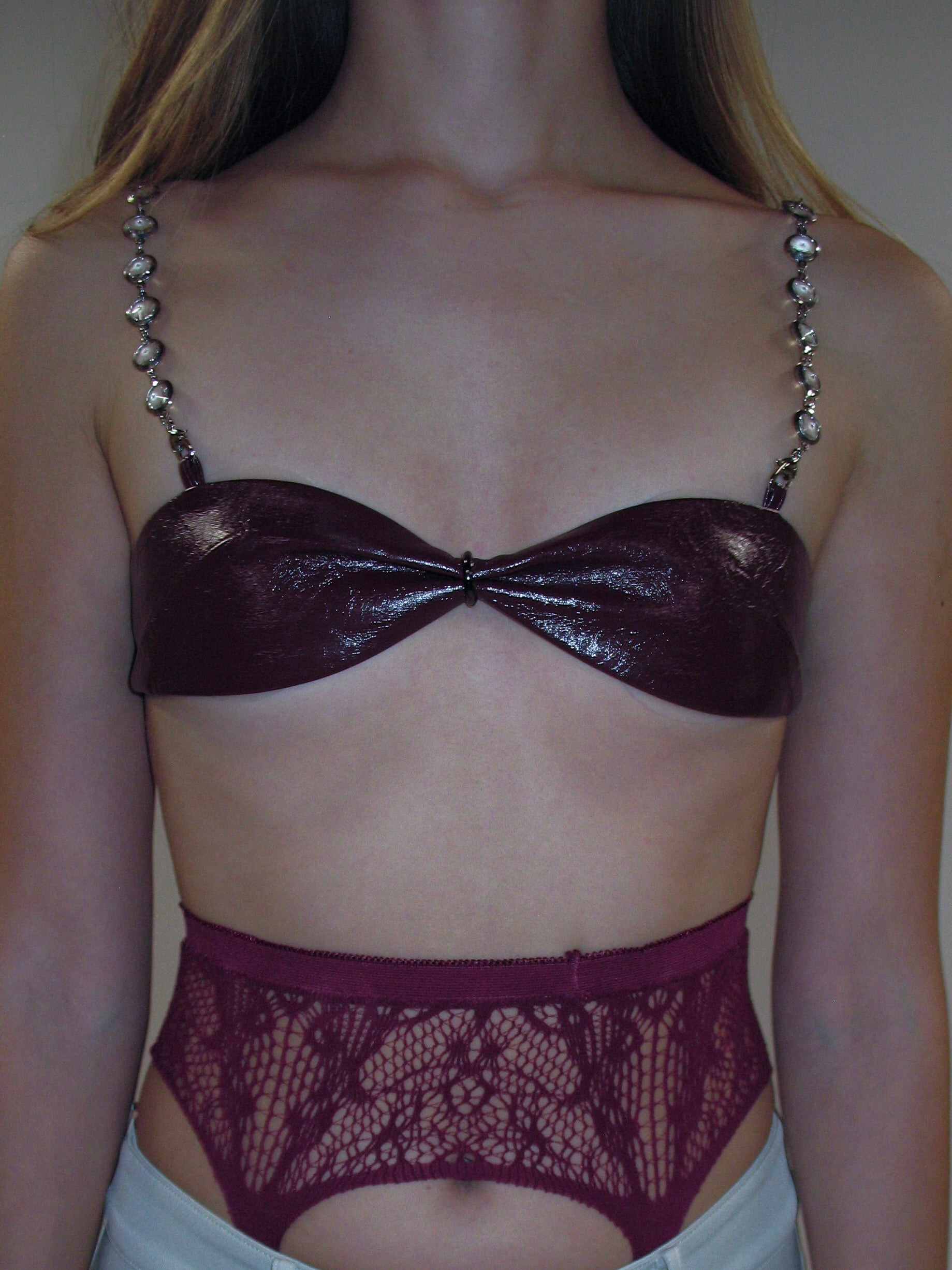 Faux Leather Chain Bra Top/ Wine Red