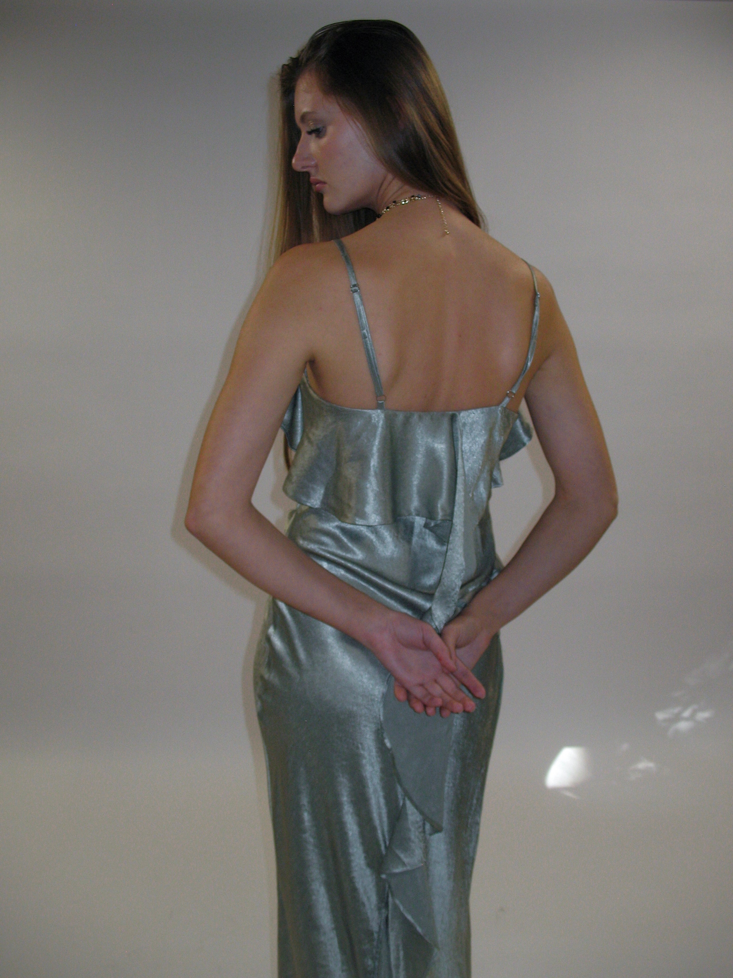 Satin Frill Strap Split Gown/ Light Green