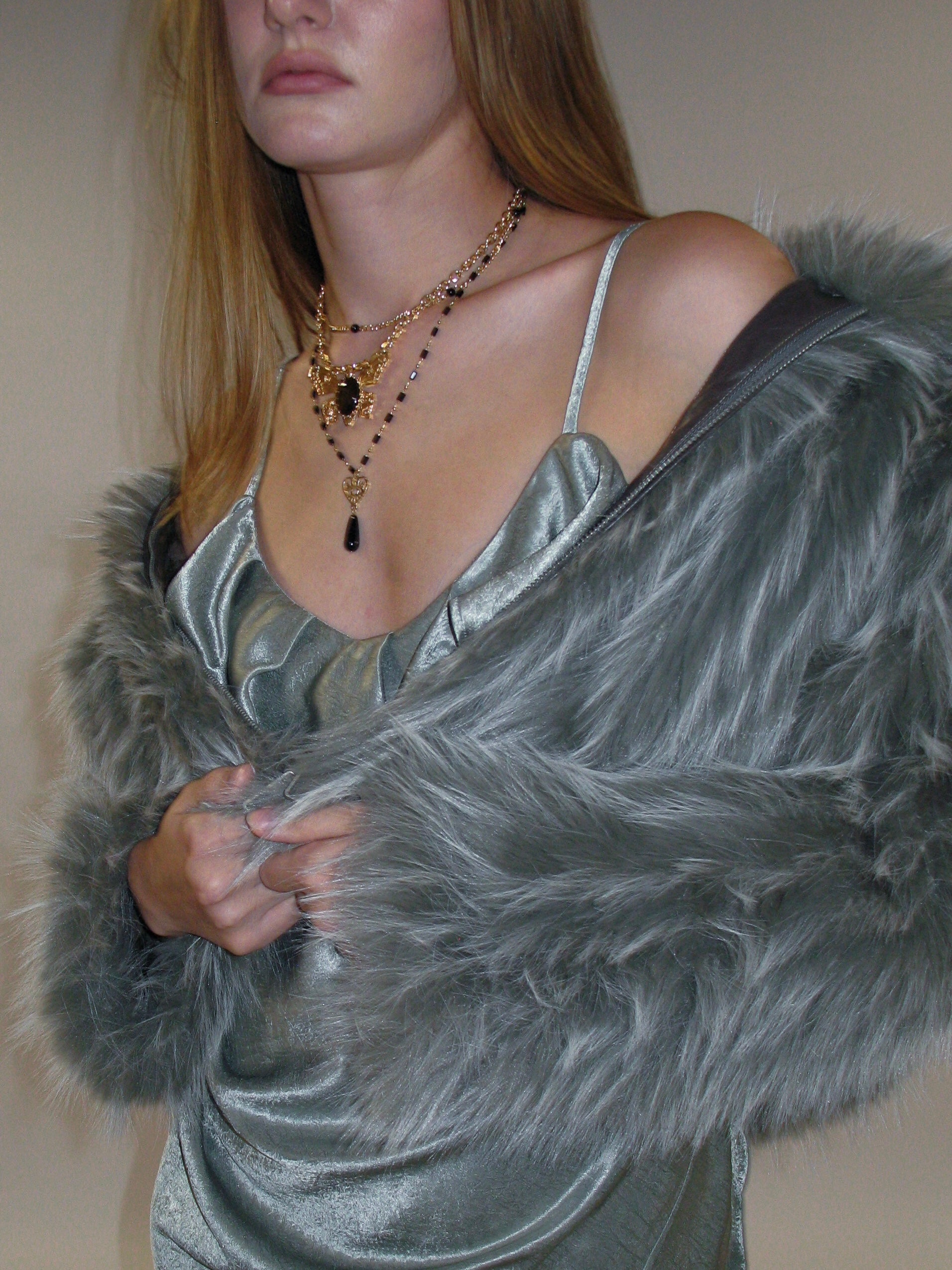 Gray Plush Faux Fur Coat