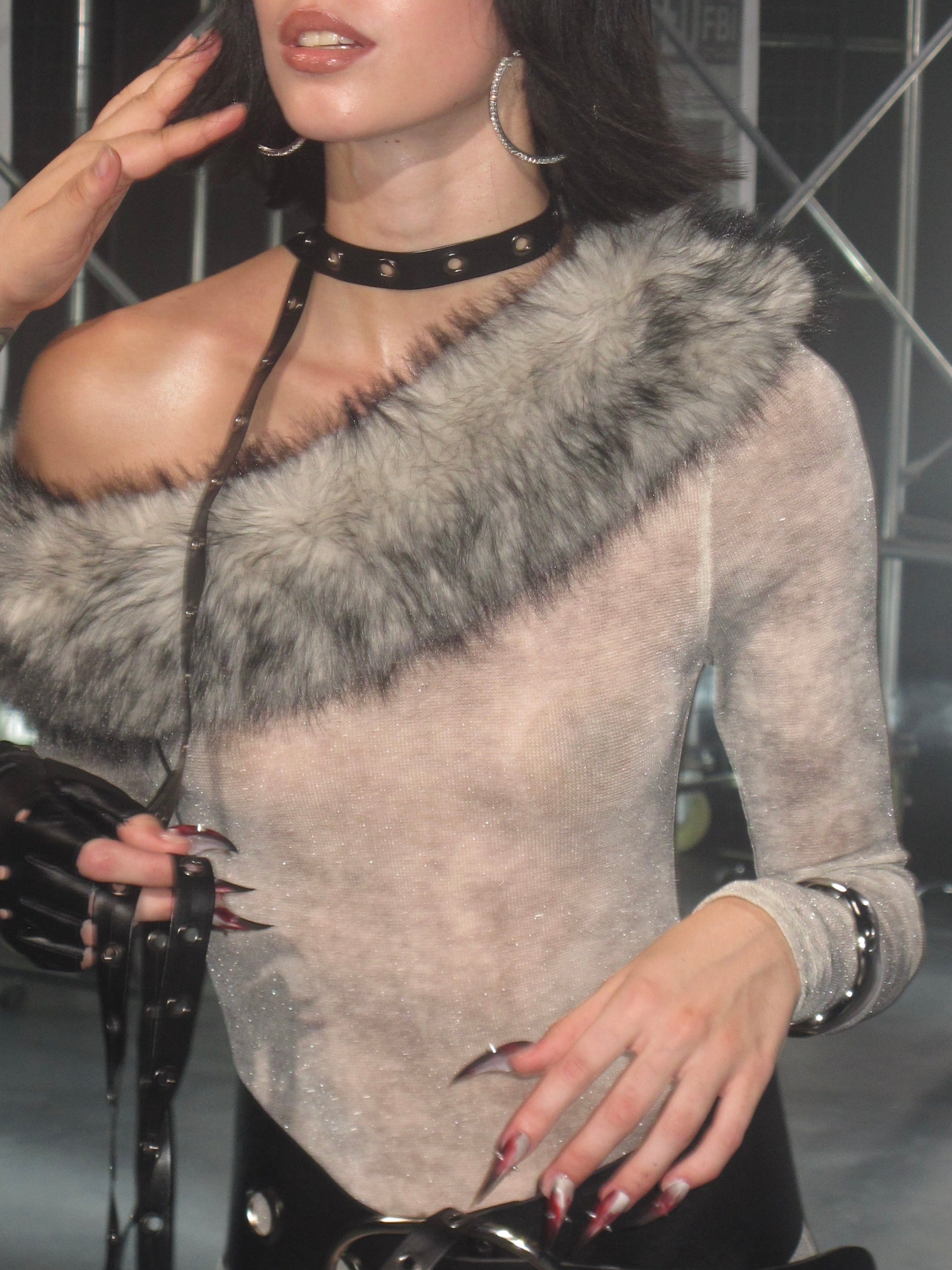 Faux Fur Collar Mesh Bodysuit