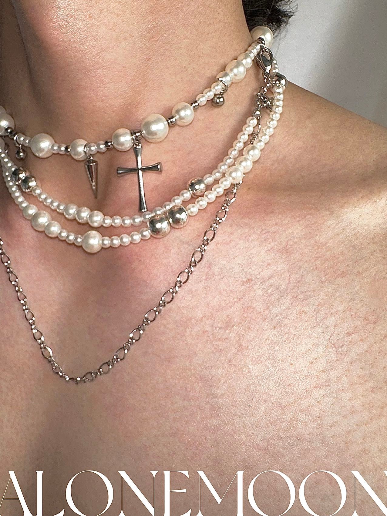 Multilayered Pearl Cross Necklace (3PC)