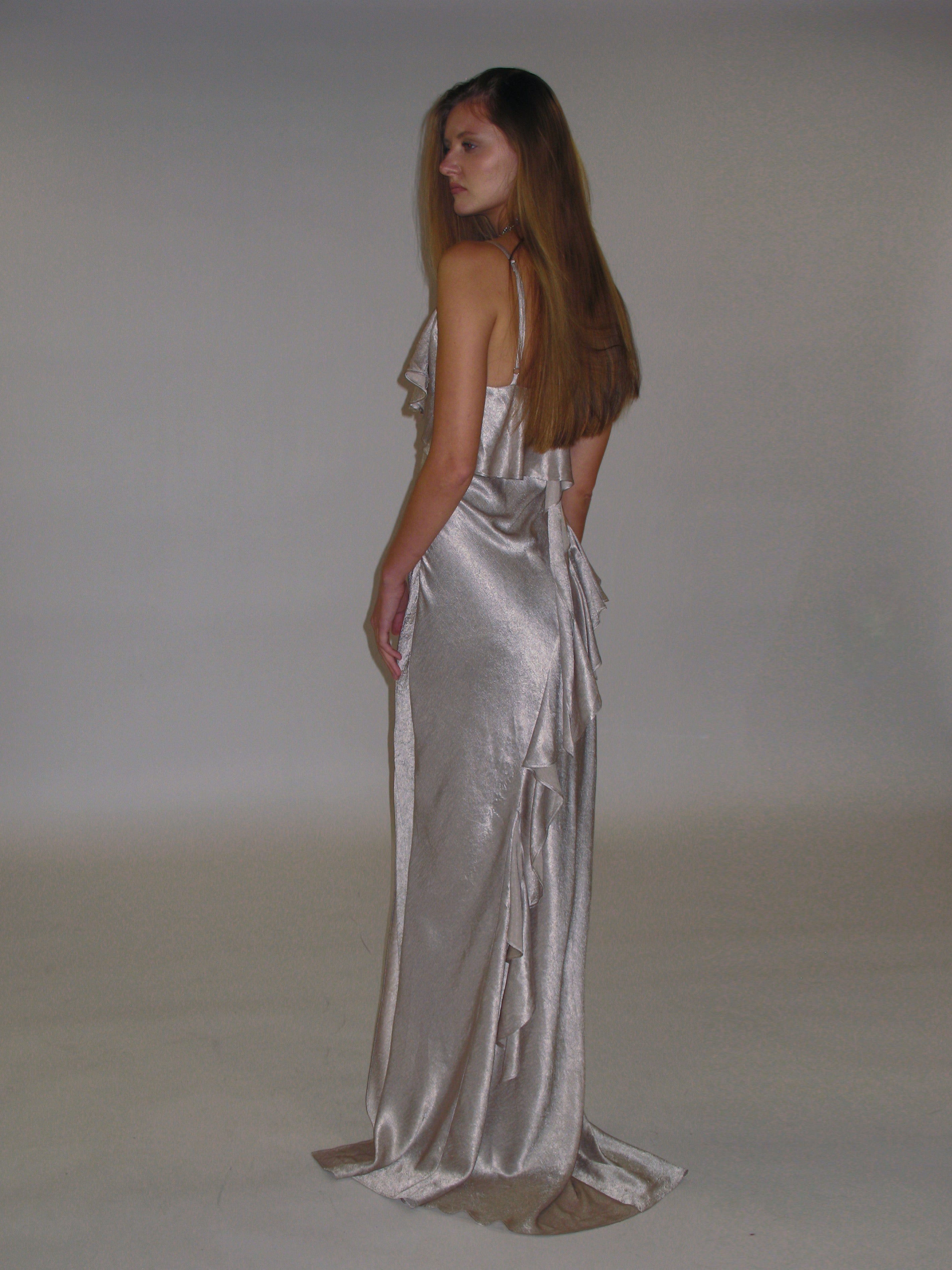 Satin Frill Strap Split Gown/ Champagne