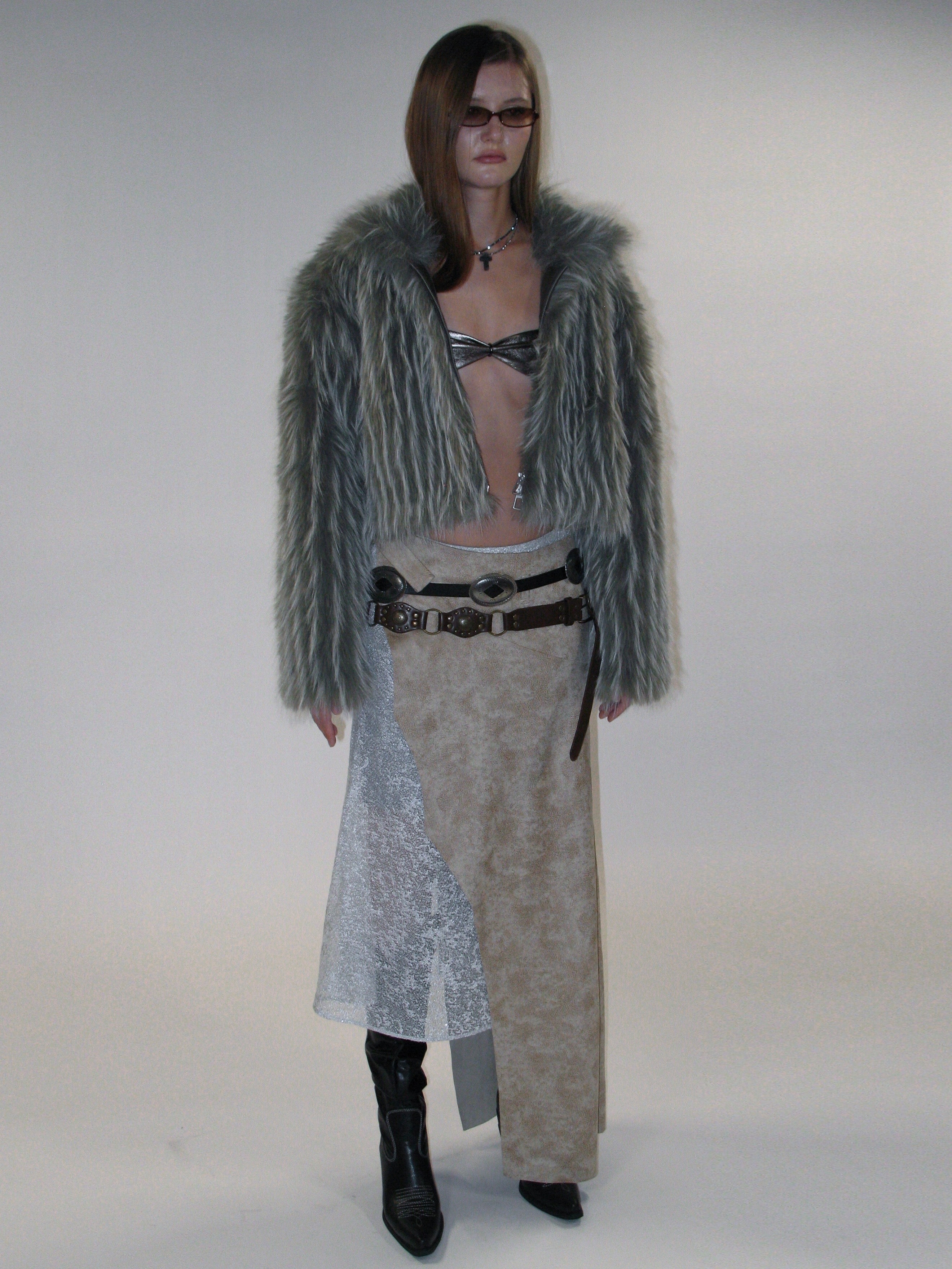 Gray Plush Faux Fur Coat