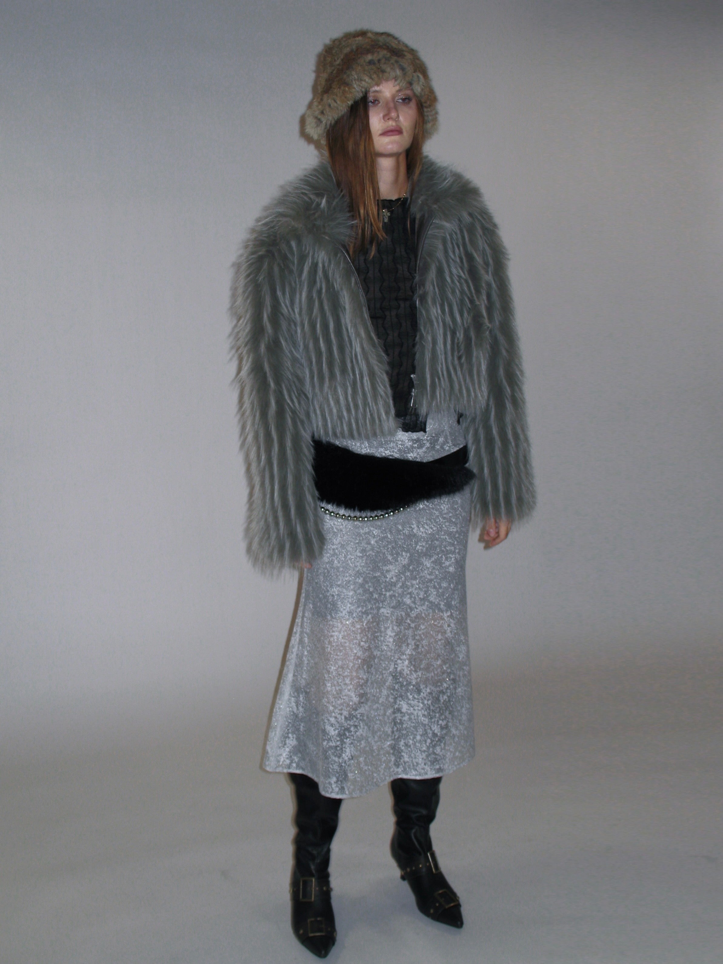 Gray Plush Faux Fur Coat