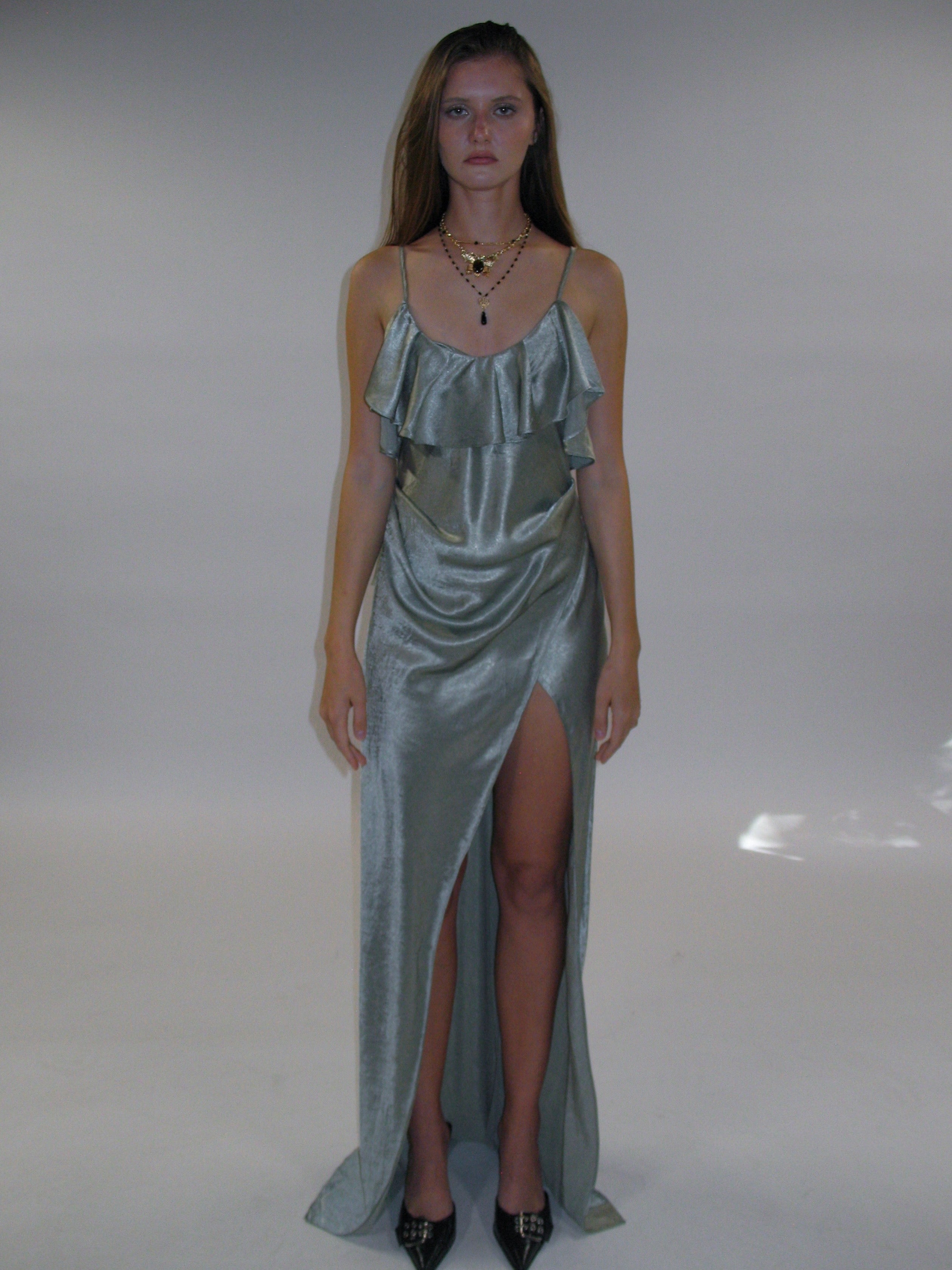 Satin Frill Strap Split Gown/ Light Green