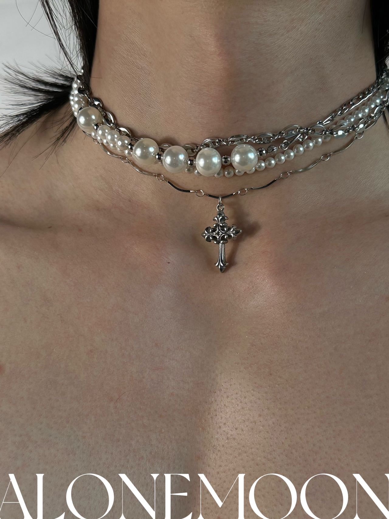 Multilayered Cross Pearl Necklace