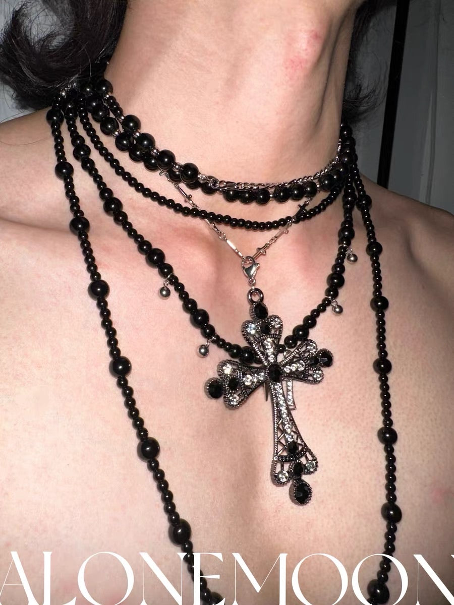 Multilayered Black Cross Pearl Long Necklace