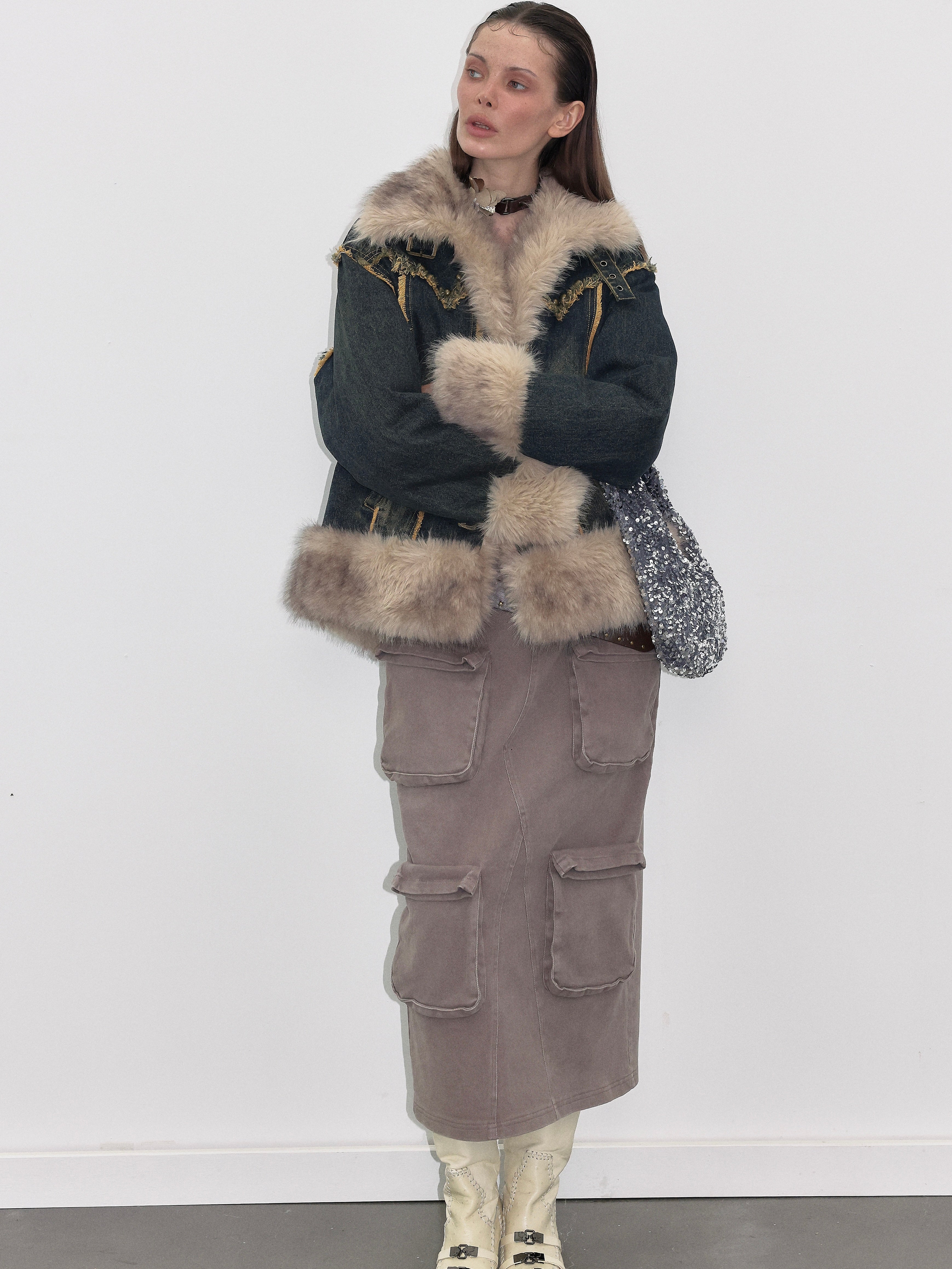 PROD  2023 WINTER Smoke Grey Cargo Denim Maxi Skirt