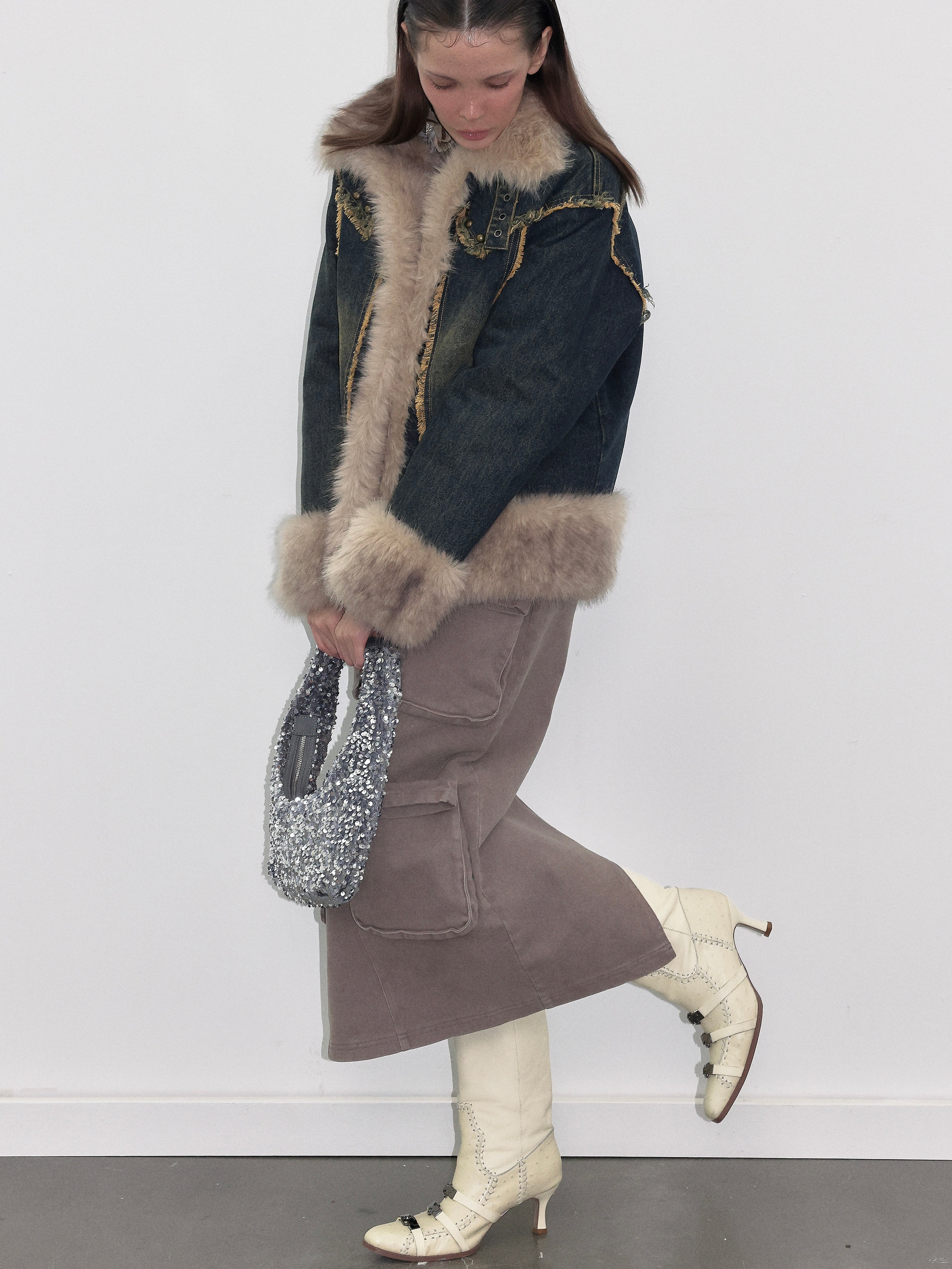 PROD  2023 WINTER Smoke Grey Cargo Denim Maxi Skirt