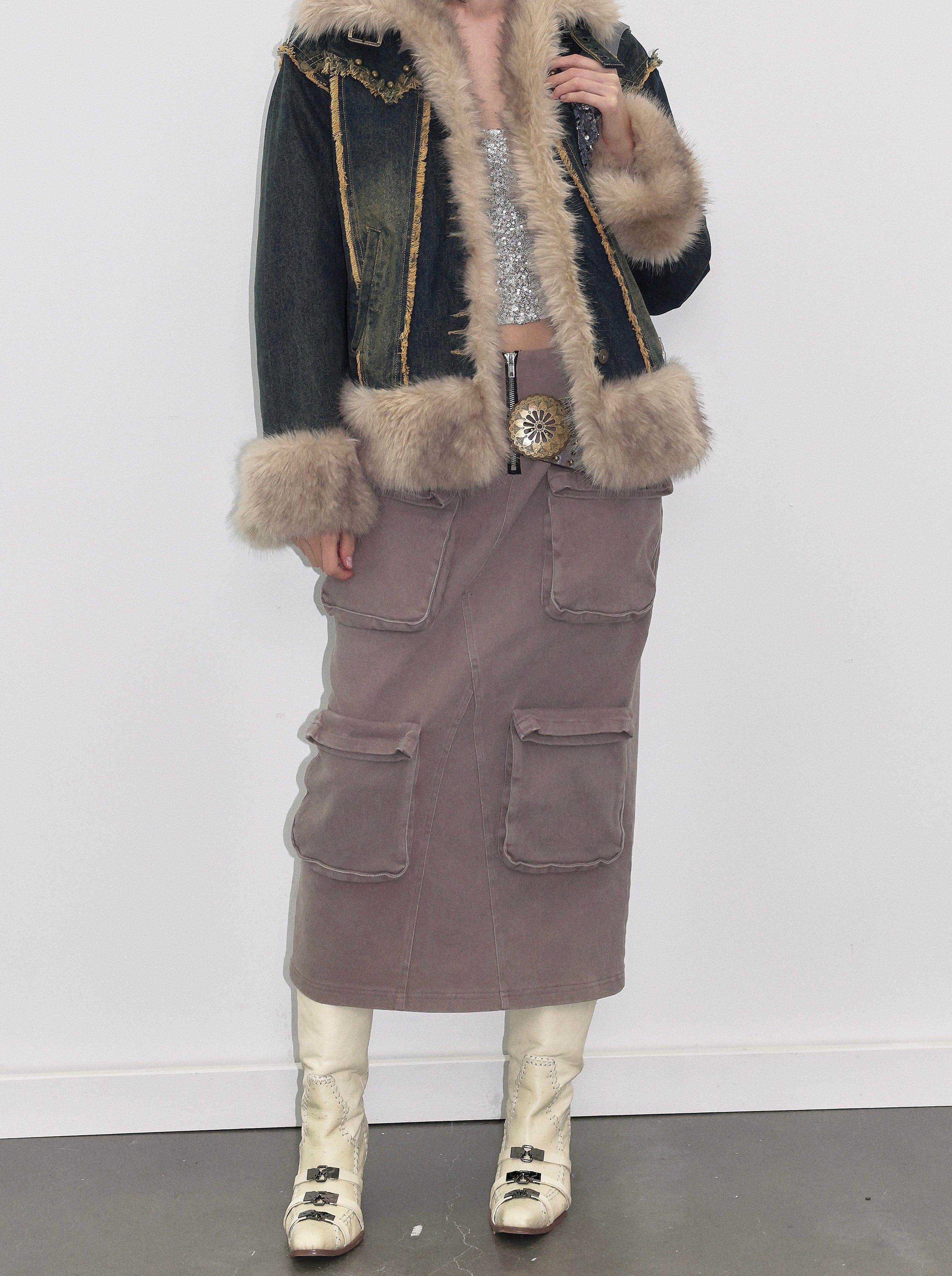 PROD  2023 WINTER XS / smoke grey / In-stock Smoke Grey Cargo Denim Maxi Skirt