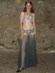 PROD 2024-2 Apricot-blue / XS / In-stock Lace color-block tulle Dress /Apricot-blue