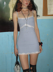PROD 2024-2 Baby blue / XS / In-stock Blue Lace Trim Spaghetti Strap Dress