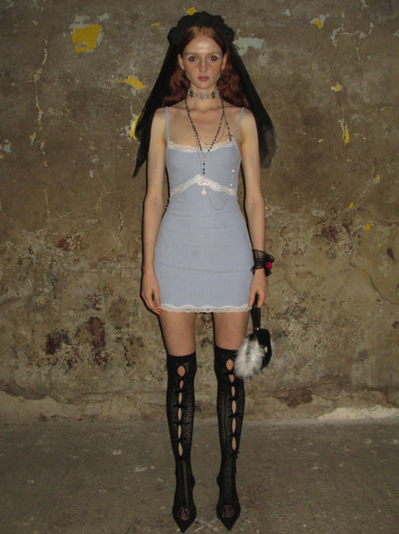 Blue Lace Trim Spaghetti Strap Dress Baby Blue / XS / In-stock