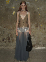 PROD 2024-2 Lace color-block tulle Dress /Apricot-blue