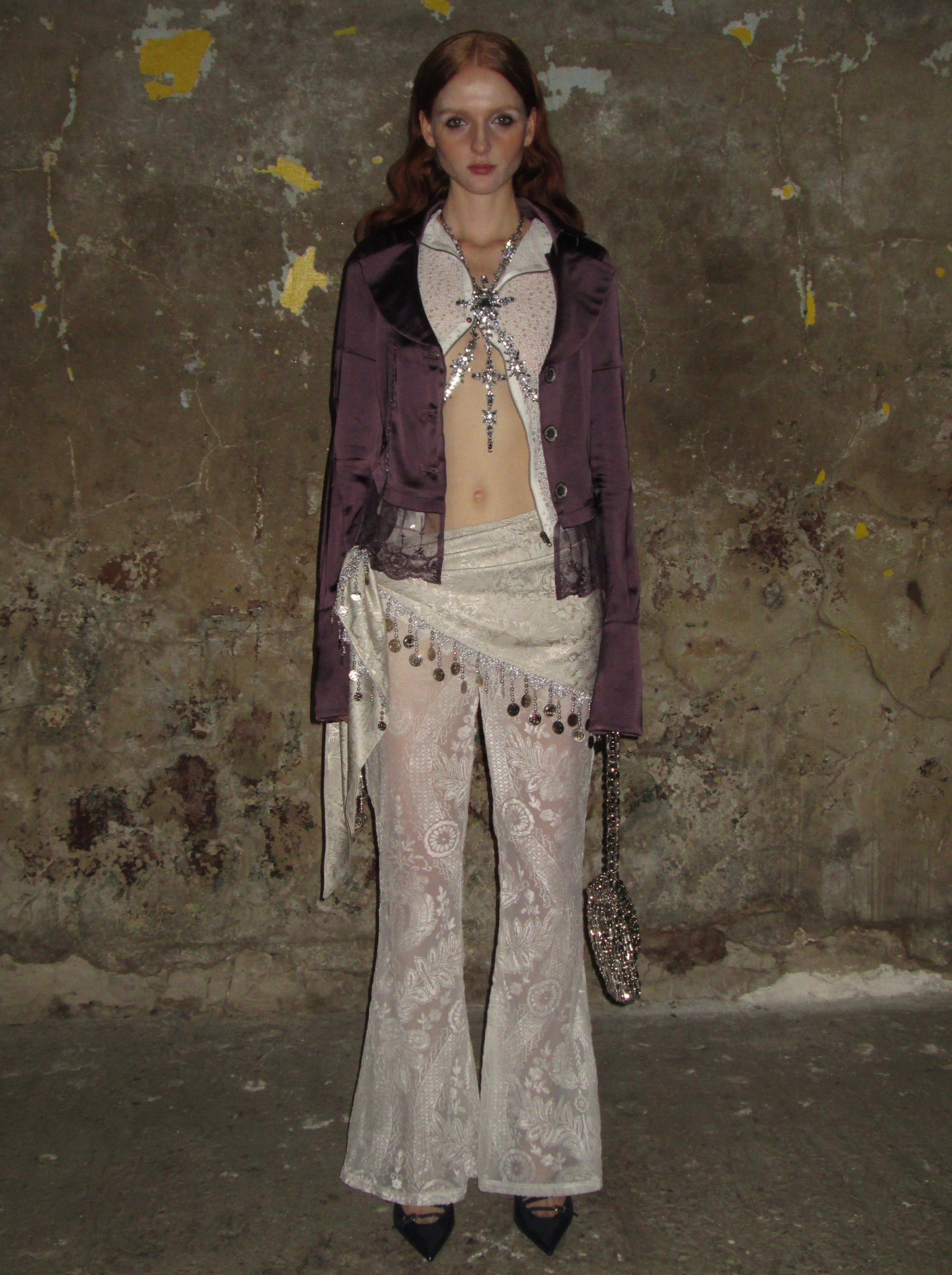 PROD 2024-2 Lace-trimmed Satin Sparkly Blazer /Purple